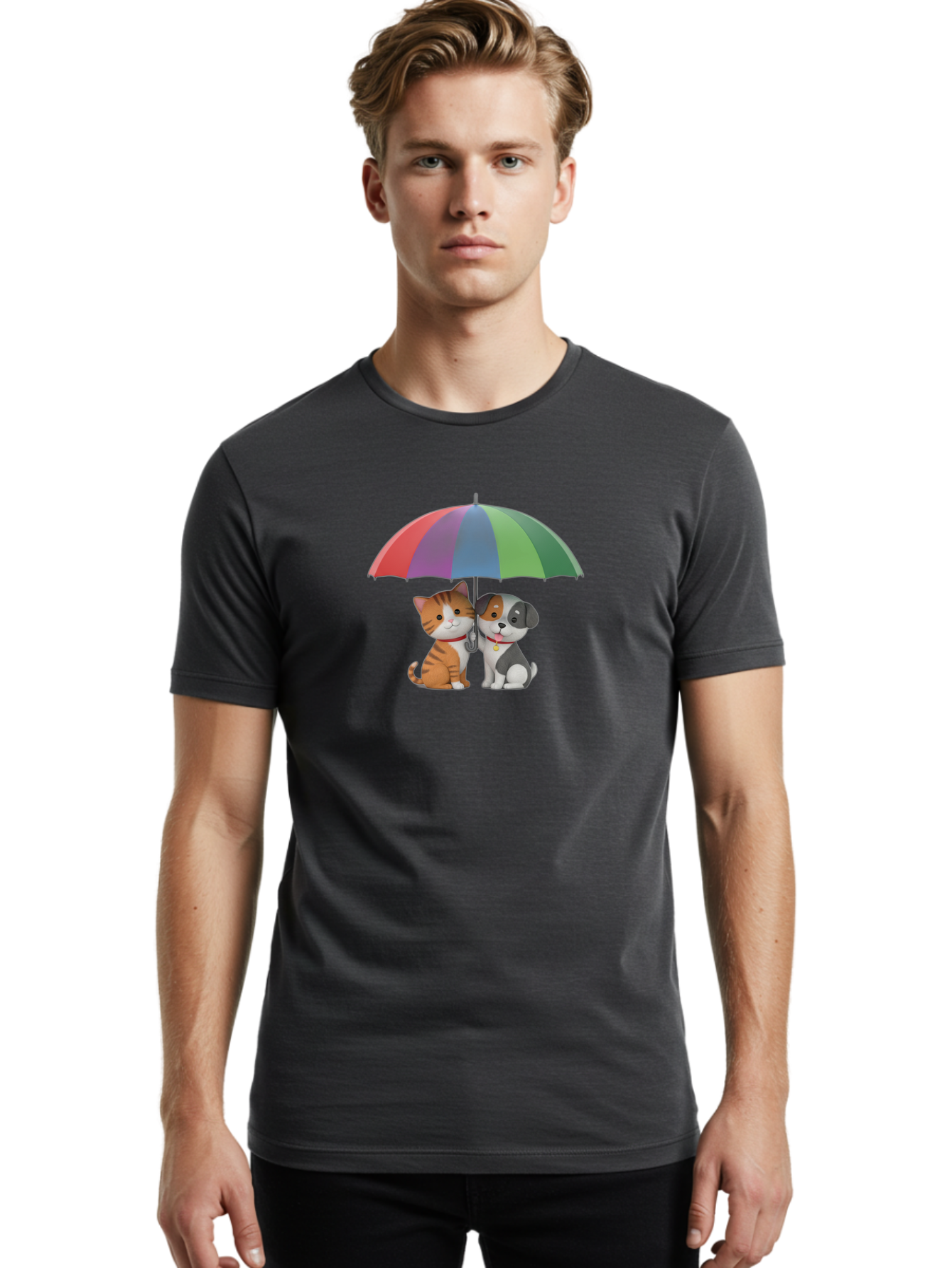 Cat-And-Dog-Under-Umbrella-5 Men'S Graphic Tee, 100% Cotton, Comfortable Casual Summer Wear, Machine Washable, Vintage Camera, Old Camera, Antique Camera, Black Camera, Classic Photography, Photography Equipment, Nostalgic Device, Film Camera, Baf719