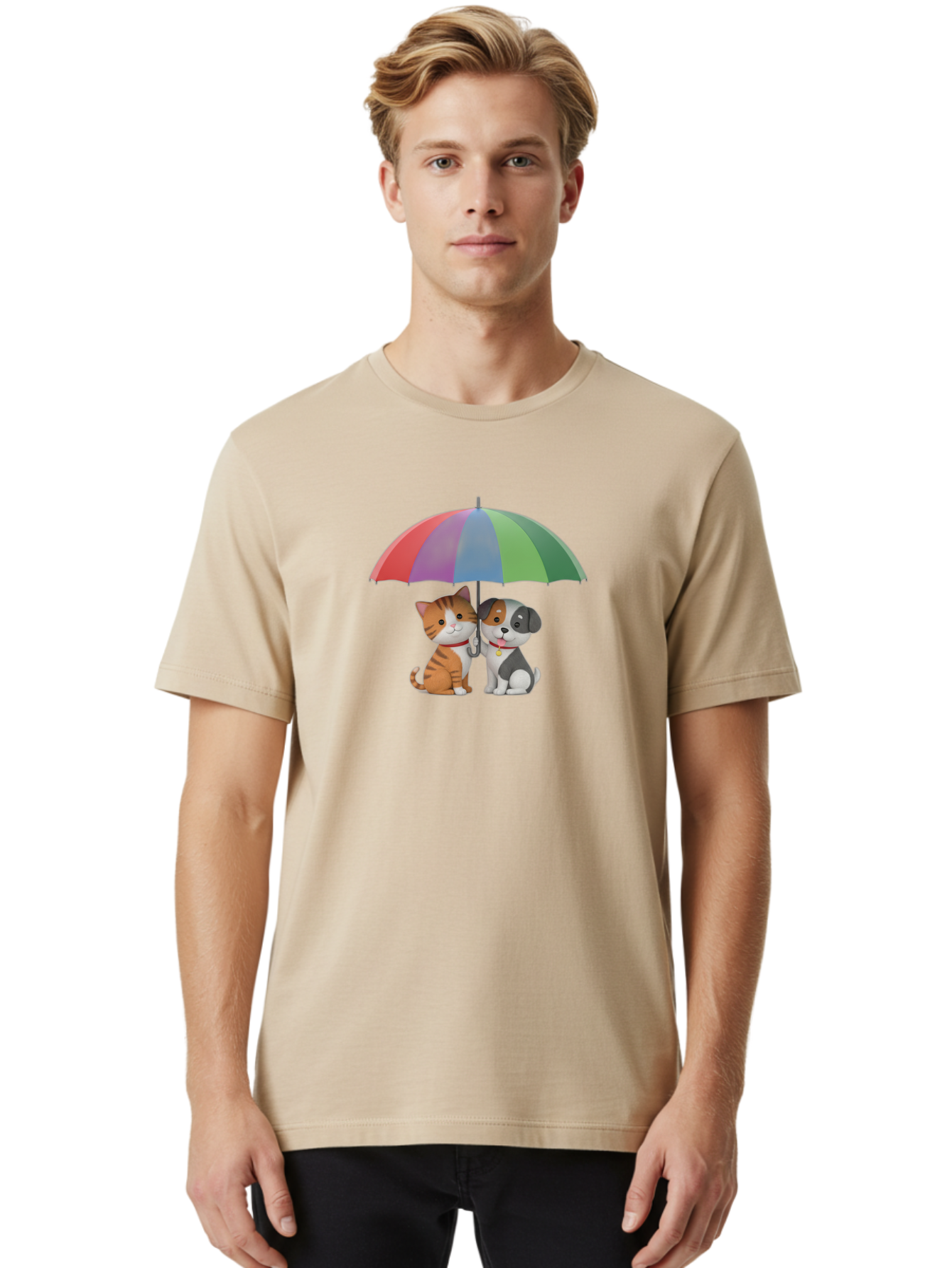 Cat-And-Dog-Under-Umbrella-5 Men'S Graphic Tee, 100% Cotton, Comfortable Casual Summer Wear, Machine Washable, Vintage Camera, Old Camera, Antique Camera, Black Camera, Classic Photography, Photography Equipment, Nostalgic Device, Film Camera, Baf719