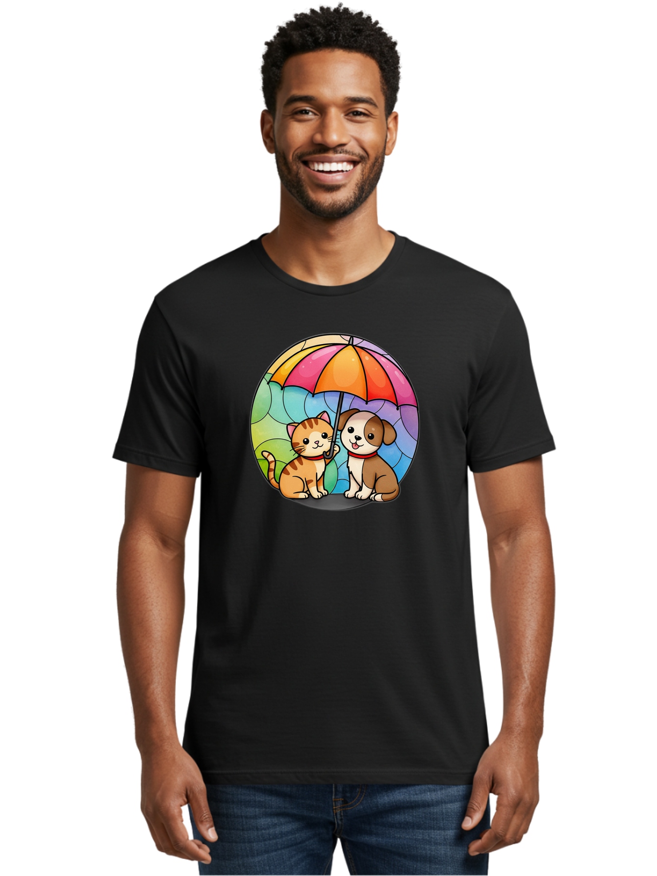 Cat-And-Dog-Under-Umbrella-6 Men'S Graphic Tee, 100% Cotton, Comfortable Casual Summer Wear, Machine Washable, Vintage Camera, Old Camera, Antique Camera, Black Camera, Classic Photography, Photography Equipment, Nostalgic Device, Film Camera, Baf720