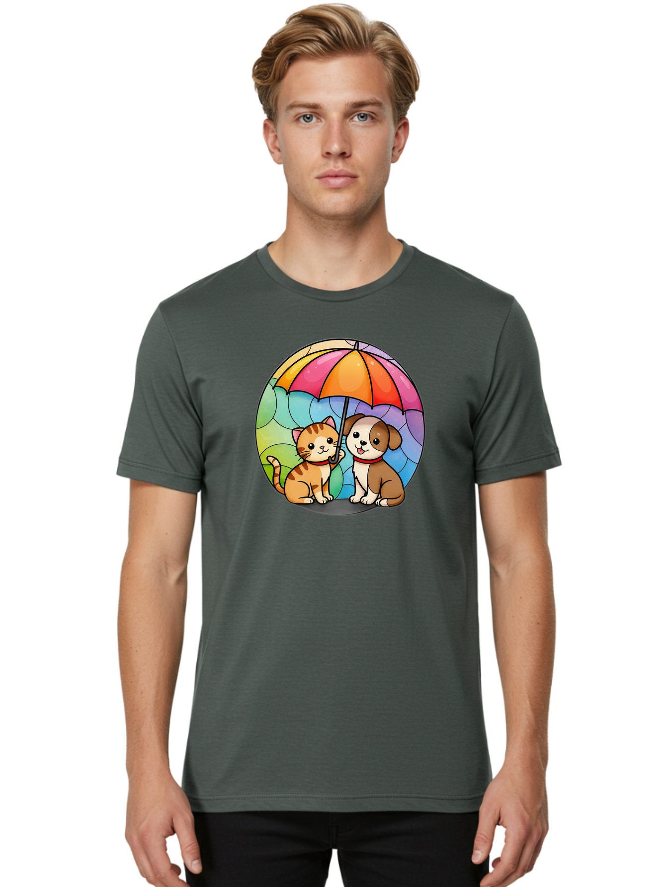 Cat-And-Dog-Under-Umbrella-6 Men'S Graphic Tee, 100% Cotton, Comfortable Casual Summer Wear, Machine Washable, Vintage Camera, Old Camera, Antique Camera, Black Camera, Classic Photography, Photography Equipment, Nostalgic Device, Film Camera, Baf720
