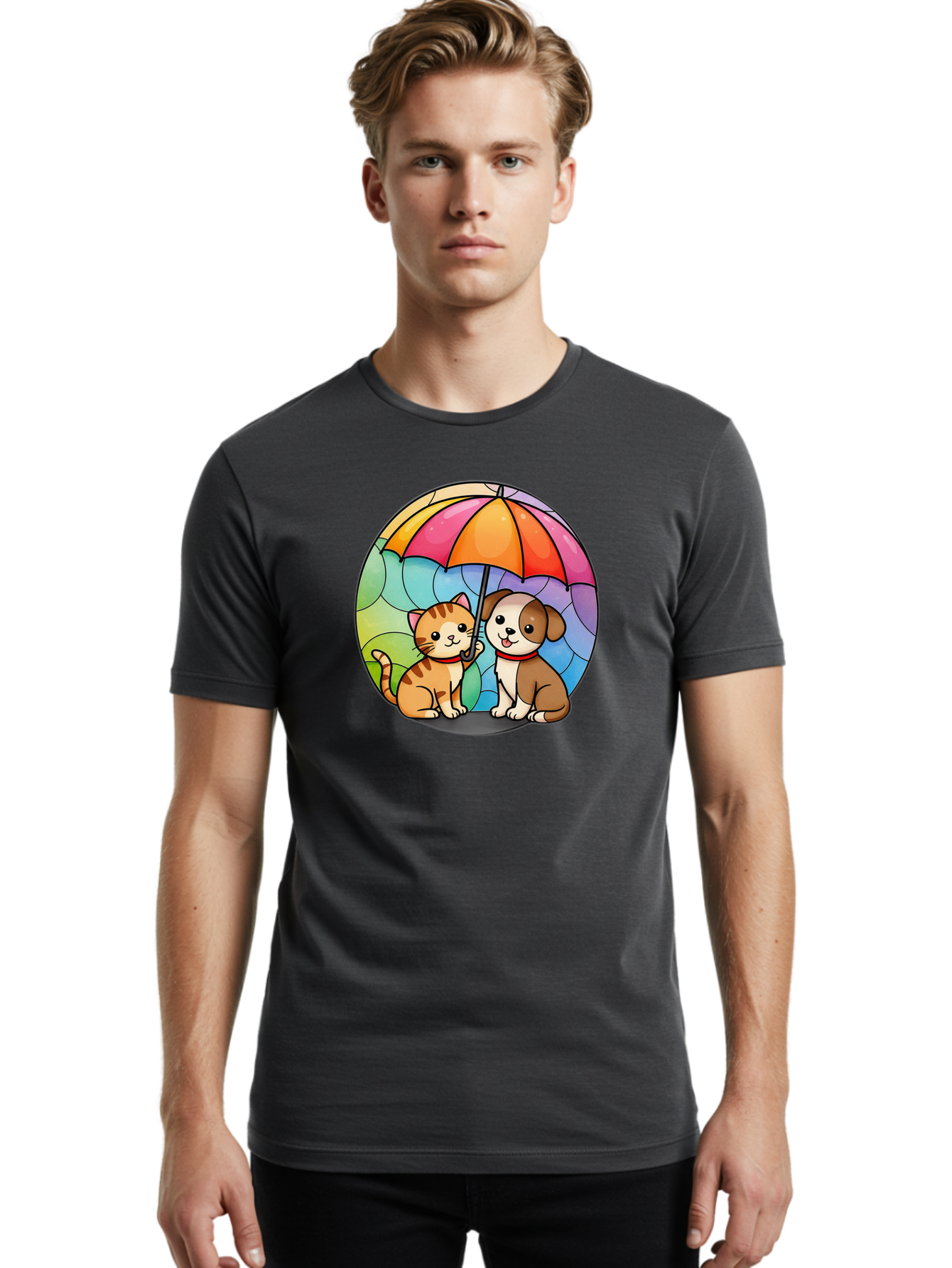 Cat-And-Dog-Under-Umbrella-6 Men'S Graphic Tee, 100% Cotton, Comfortable Casual Summer Wear, Machine Washable, Vintage Camera, Old Camera, Antique Camera, Black Camera, Classic Photography, Photography Equipment, Nostalgic Device, Film Camera, Baf720