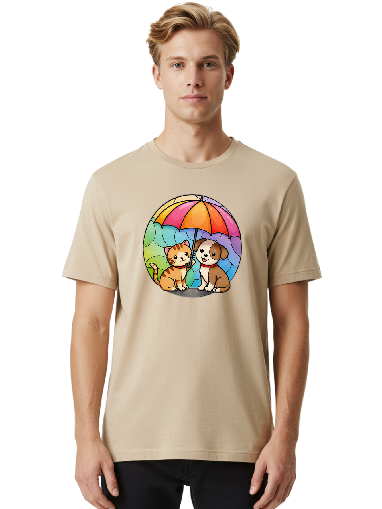 Cat-And-Dog-Under-Umbrella-6 Men'S Graphic Tee, 100% Cotton, Comfortable Casual Summer Wear, Machine Washable, Vintage Camera, Old Camera, Antique Camera, Black Camera, Classic Photography, Photography Equipment, Nostalgic Device, Film Camera, Baf720