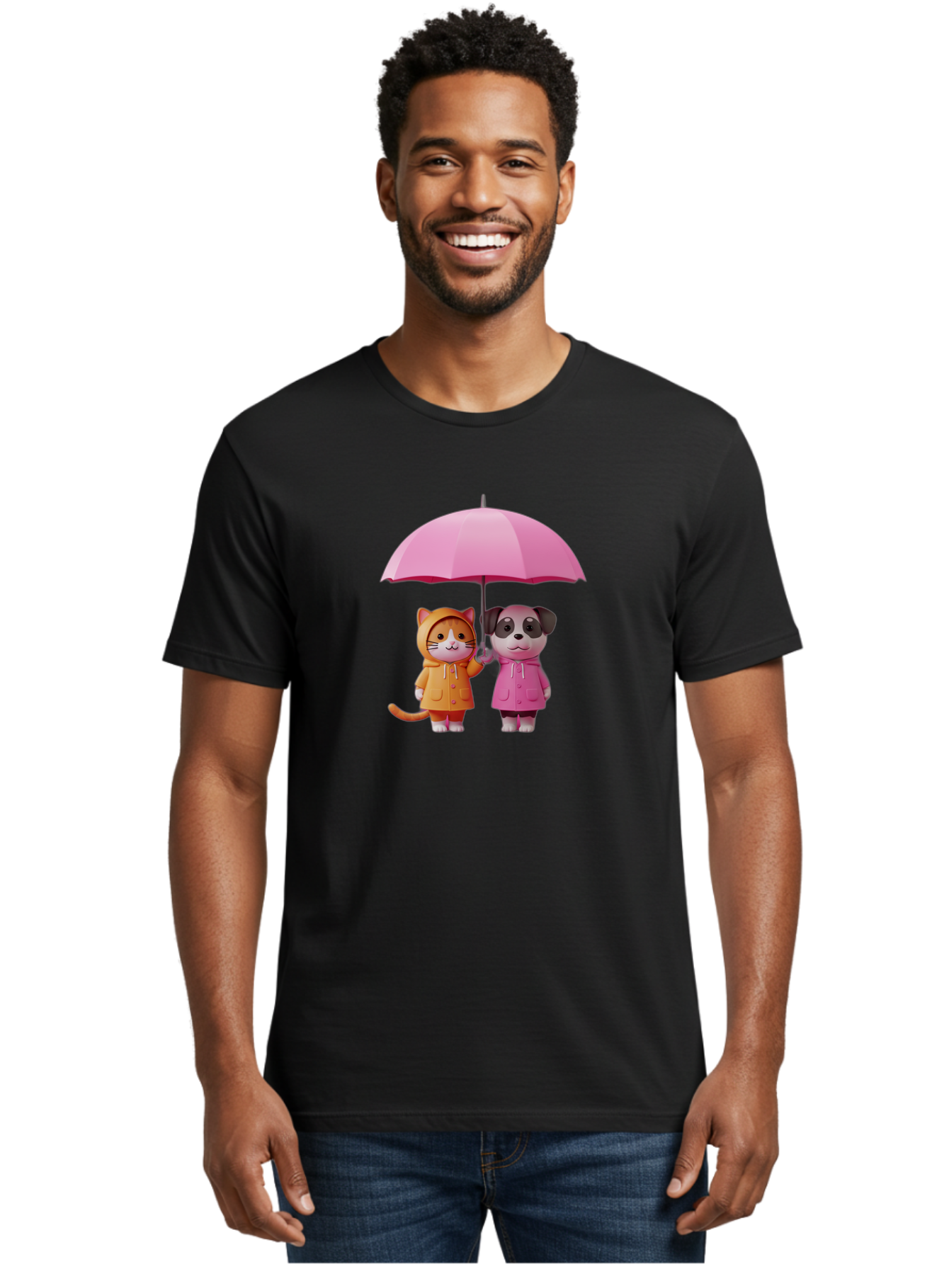Cat-And-Pug-Under-Pink-Umbrella Men'S Graphic Tee, 100% Cotton, Comfortable Casual Summer Wear, Machine Washable, Vintage Camera, Old Camera, Antique Camera, Black Camera, Classic Photography, Photography Equipment, Nostalgic Device, Baf724