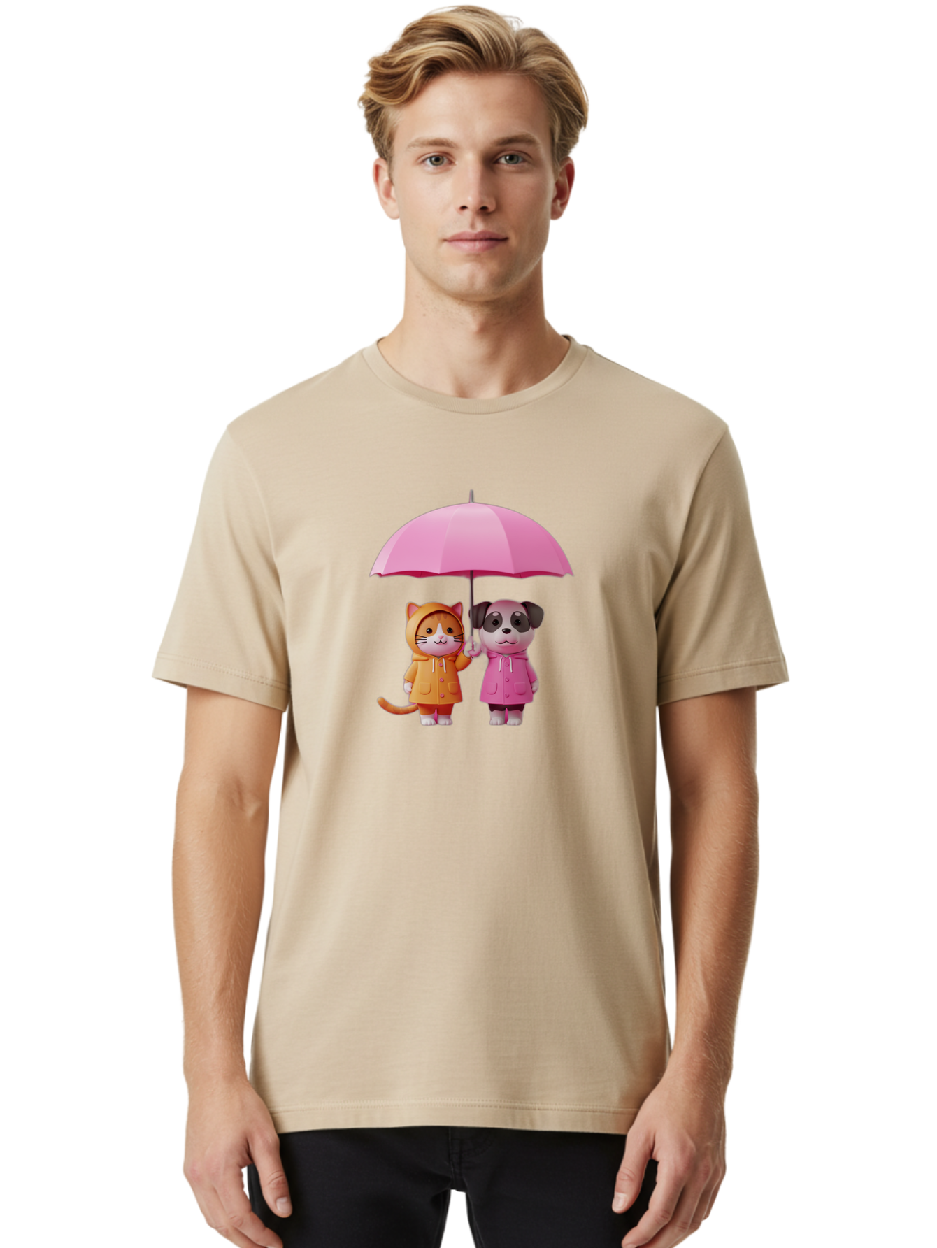 Cat-And-Pug-Under-Pink-Umbrella Men'S Graphic Tee, 100% Cotton, Comfortable Casual Summer Wear, Machine Washable, Vintage Camera, Old Camera, Antique Camera, Black Camera, Classic Photography, Photography Equipment, Nostalgic Device, Baf724