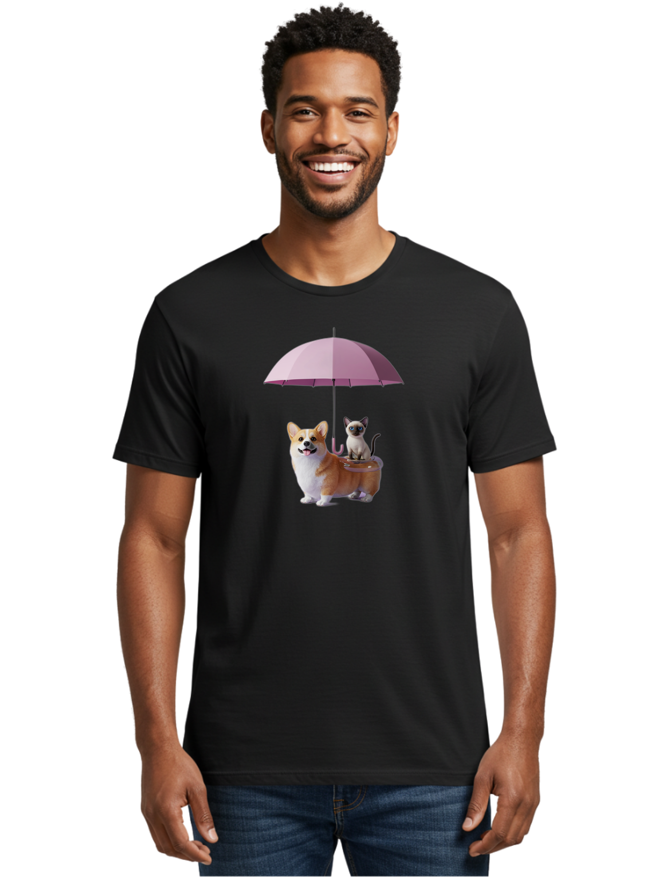 Corgi-And-Cat-Under-Umbrella Men'S Graphic Tee, 100% Cotton, Comfortable Casual Summer Wear, Machine Washable, Vintage Camera, Old Camera, Antique Camera, Black Camera, Classic Photography, Photography Equipment, Nostalgic Device, Film Camera, Baf729