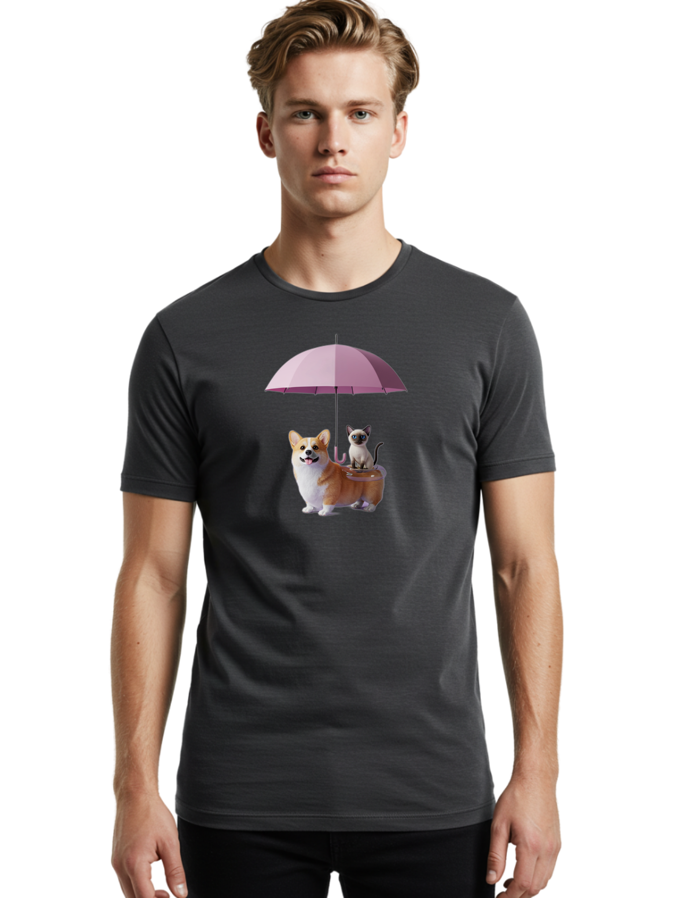 Corgi-And-Cat-Under-Umbrella Men'S Graphic Tee, 100% Cotton, Comfortable Casual Summer Wear, Machine Washable, Vintage Camera, Old Camera, Antique Camera, Black Camera, Classic Photography, Photography Equipment, Nostalgic Device, Film Camera, Baf729