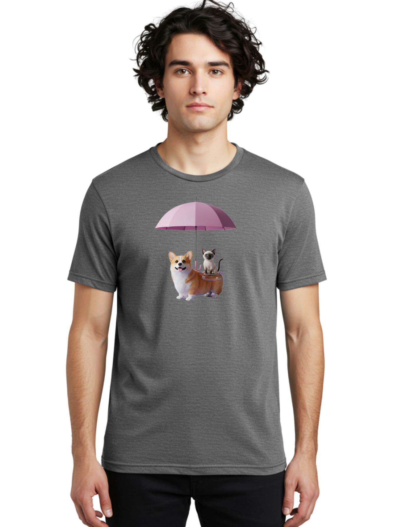 Corgi-And-Cat-Under-Umbrella Men'S Graphic Tee, 100% Cotton, Comfortable Casual Summer Wear, Machine Washable, Vintage Camera, Old Camera, Antique Camera, Black Camera, Classic Photography, Photography Equipment, Nostalgic Device, Film Camera, Baf729