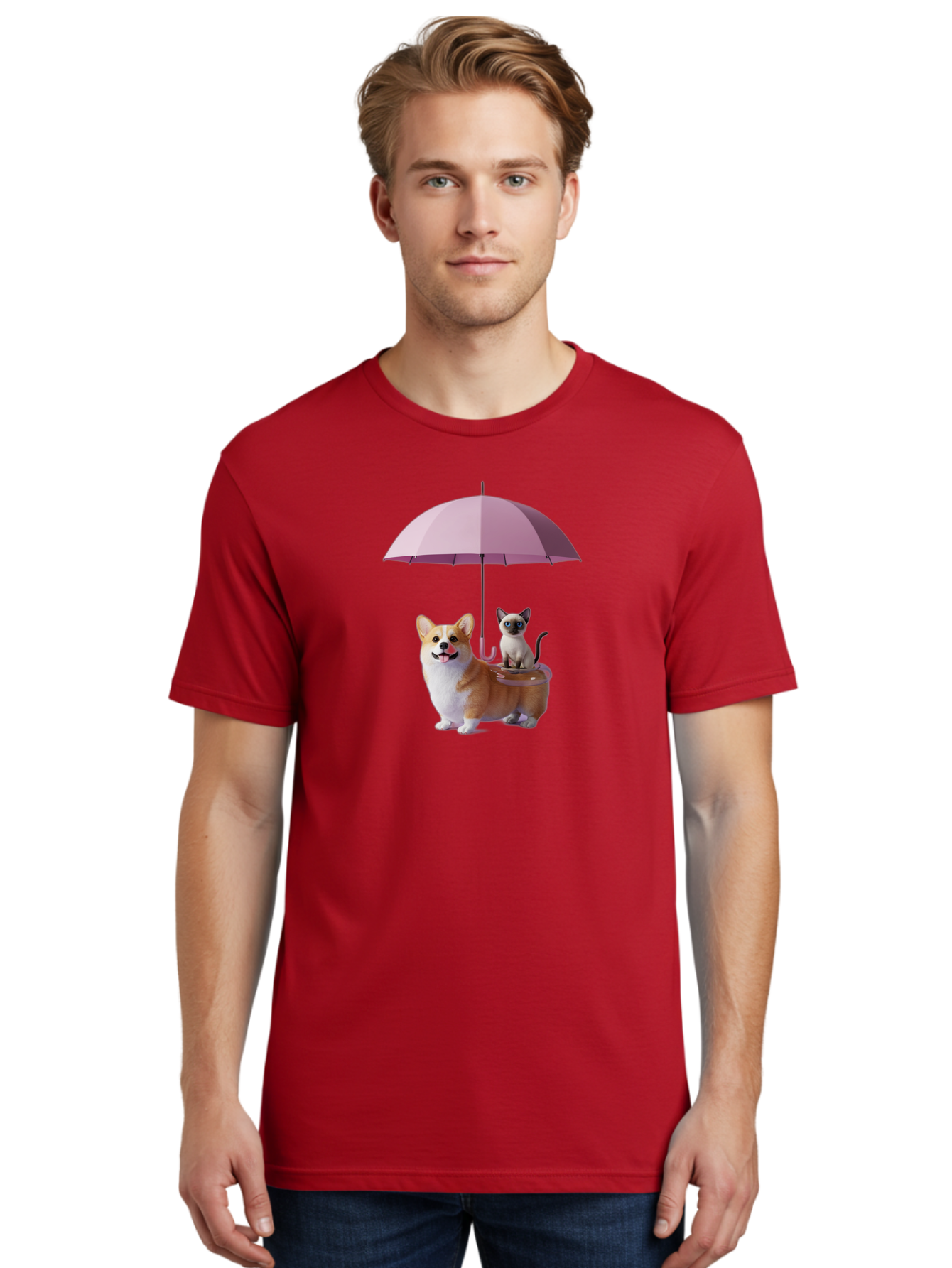 Corgi-And-Cat-Under-Umbrella Men'S Graphic Tee, 100% Cotton, Comfortable Casual Summer Wear, Machine Washable, Vintage Camera, Old Camera, Antique Camera, Black Camera, Classic Photography, Photography Equipment, Nostalgic Device, Film Camera, Baf729