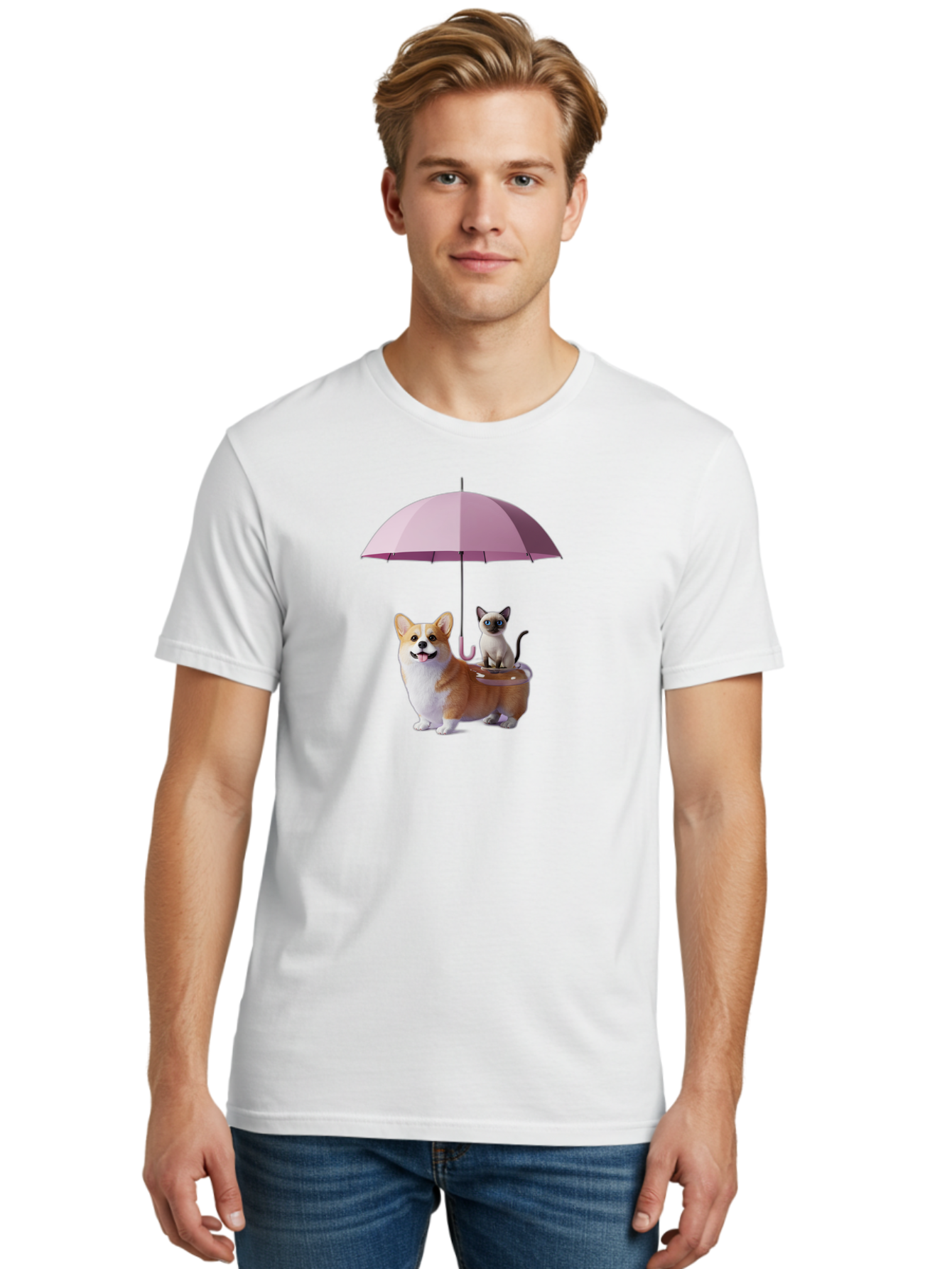 Corgi-And-Cat-Under-Umbrella Men'S Graphic Tee, 100% Cotton, Comfortable Casual Summer Wear, Machine Washable, Vintage Camera, Old Camera, Antique Camera, Black Camera, Classic Photography, Photography Equipment, Nostalgic Device, Film Camera, Baf729