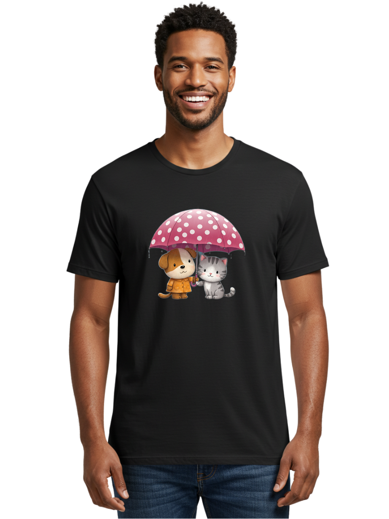 Dog-And-Cat-Under-Polka-Dot-Umbrella Men'S Graphic Tee, 100% Cotton, Comfortable Casual Summer Wear, Machine Washable, Vintage Camera, Old Camera, Antique Camera, Black Camera, Classic Photography, Photography Equipment, Nostalgic Device, Baf797