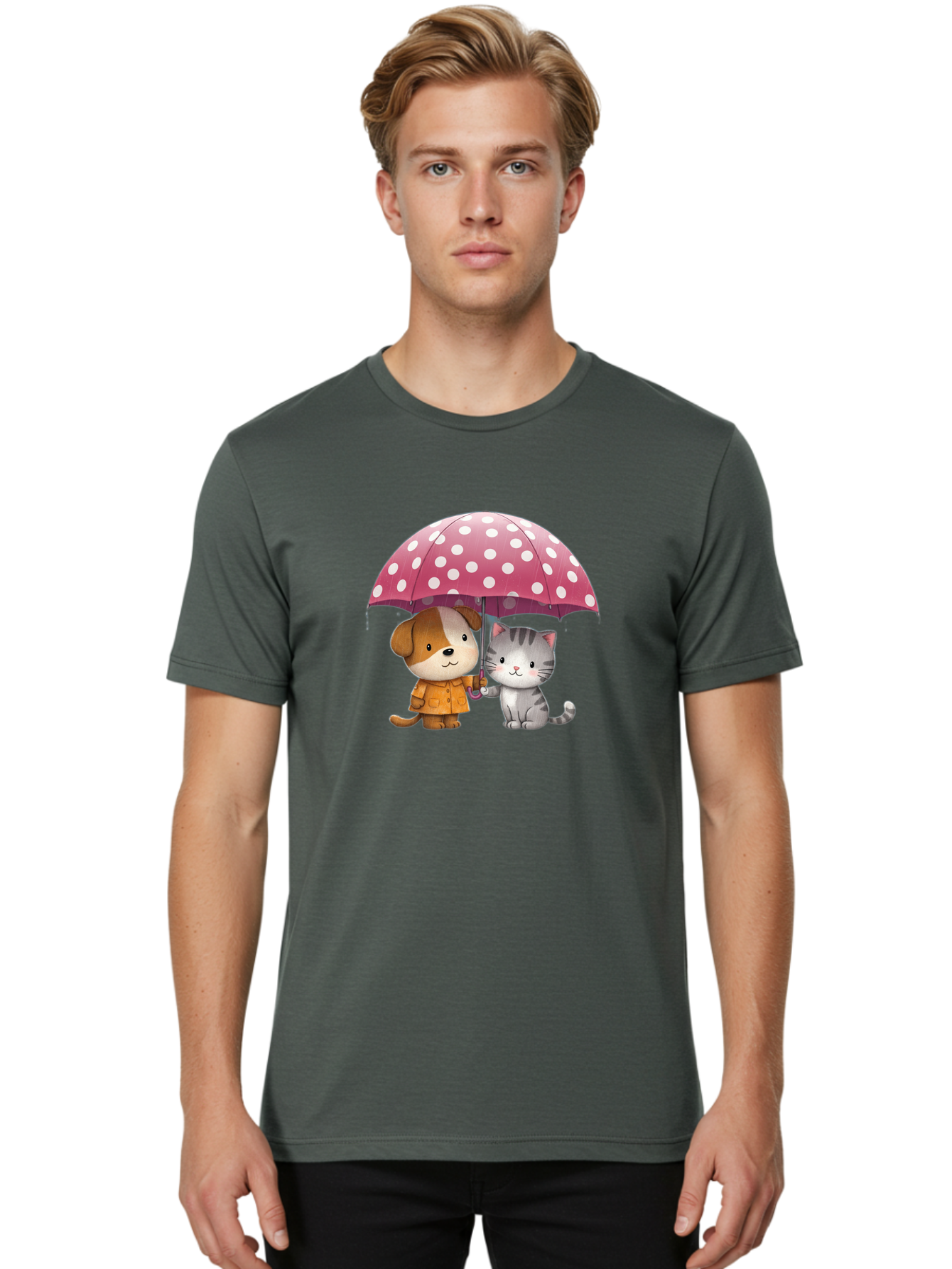 Dog-And-Cat-Under-Polka-Dot-Umbrella Men'S Graphic Tee, 100% Cotton, Comfortable Casual Summer Wear, Machine Washable, Vintage Camera, Old Camera, Antique Camera, Black Camera, Classic Photography, Photography Equipment, Nostalgic Device, Baf797