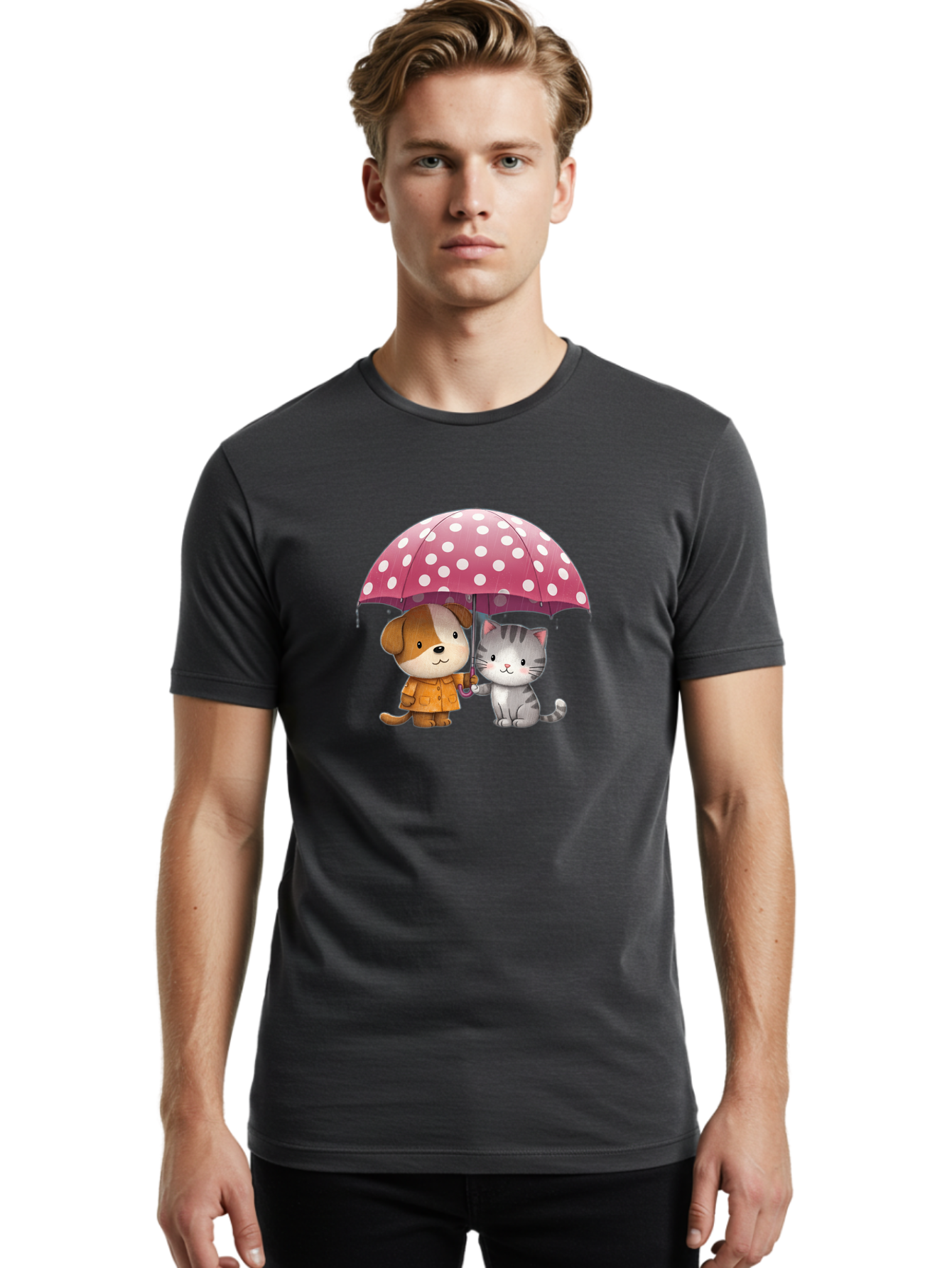 Dog-And-Cat-Under-Polka-Dot-Umbrella Men'S Graphic Tee, 100% Cotton, Comfortable Casual Summer Wear, Machine Washable, Vintage Camera, Old Camera, Antique Camera, Black Camera, Classic Photography, Photography Equipment, Nostalgic Device, Baf797