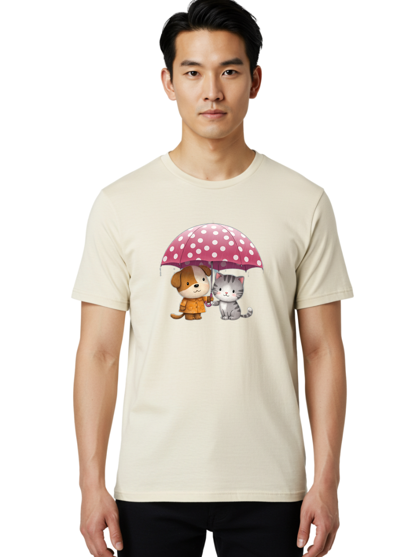 Dog-And-Cat-Under-Polka-Dot-Umbrella Men'S Graphic Tee, 100% Cotton, Comfortable Casual Summer Wear, Machine Washable, Vintage Camera, Old Camera, Antique Camera, Black Camera, Classic Photography, Photography Equipment, Nostalgic Device, Baf797