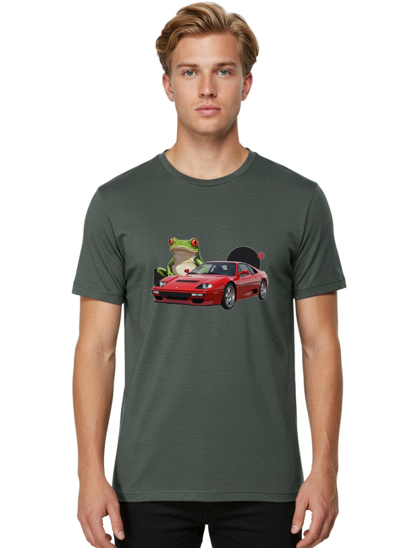 Ferrari-With-Frog-1 Men'S Graphic Tee, 100% Cotton, Comfortable Casual Summer Wear, Machine Washable, Vintage Camera, Old Camera, Antique Camera, Black Camera, Classic Photography, Photography Equipment, Nostalgic Device, Film Camera, Baf805