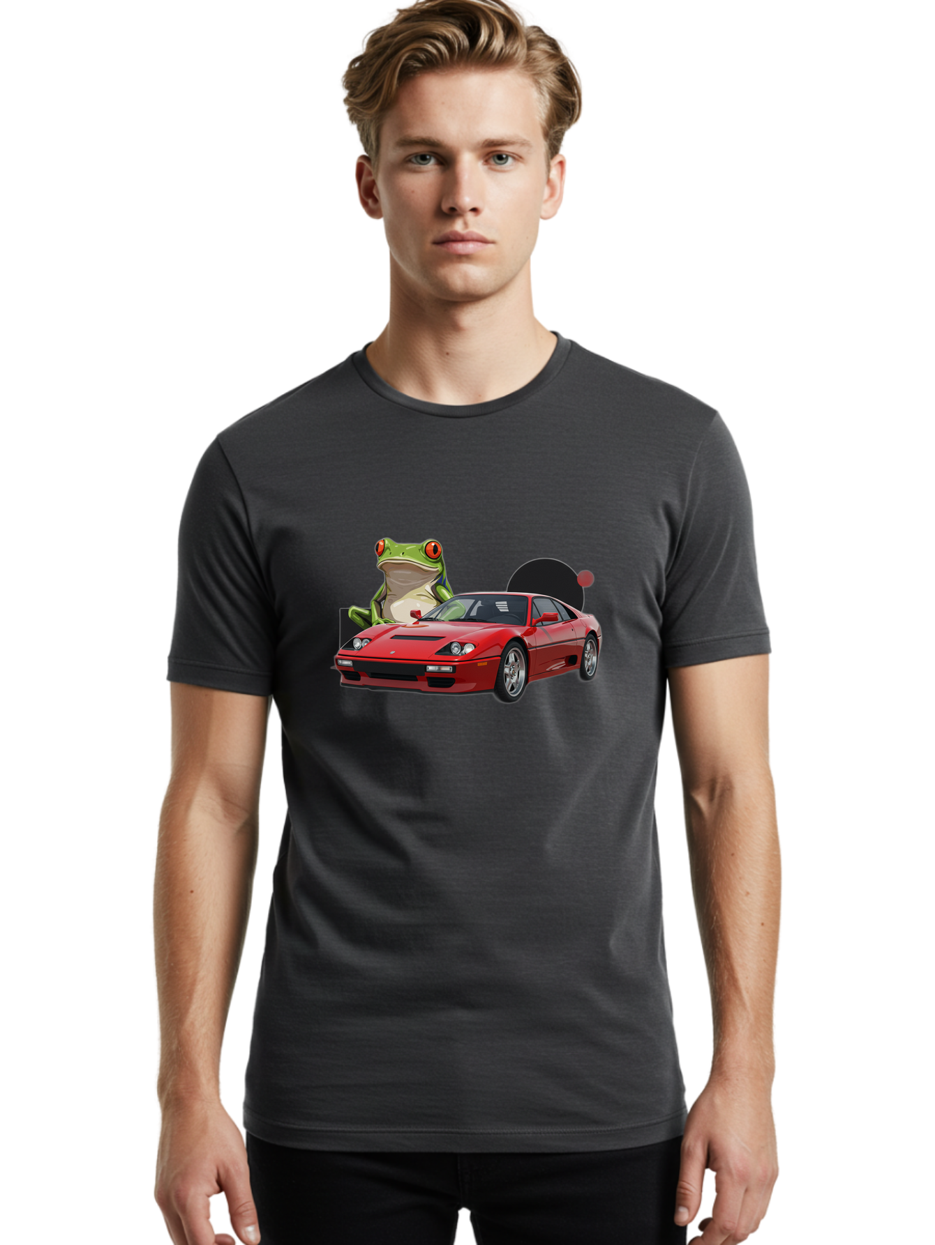 Ferrari-With-Frog-1 Men'S Graphic Tee, 100% Cotton, Comfortable Casual Summer Wear, Machine Washable, Vintage Camera, Old Camera, Antique Camera, Black Camera, Classic Photography, Photography Equipment, Nostalgic Device, Film Camera, Baf805