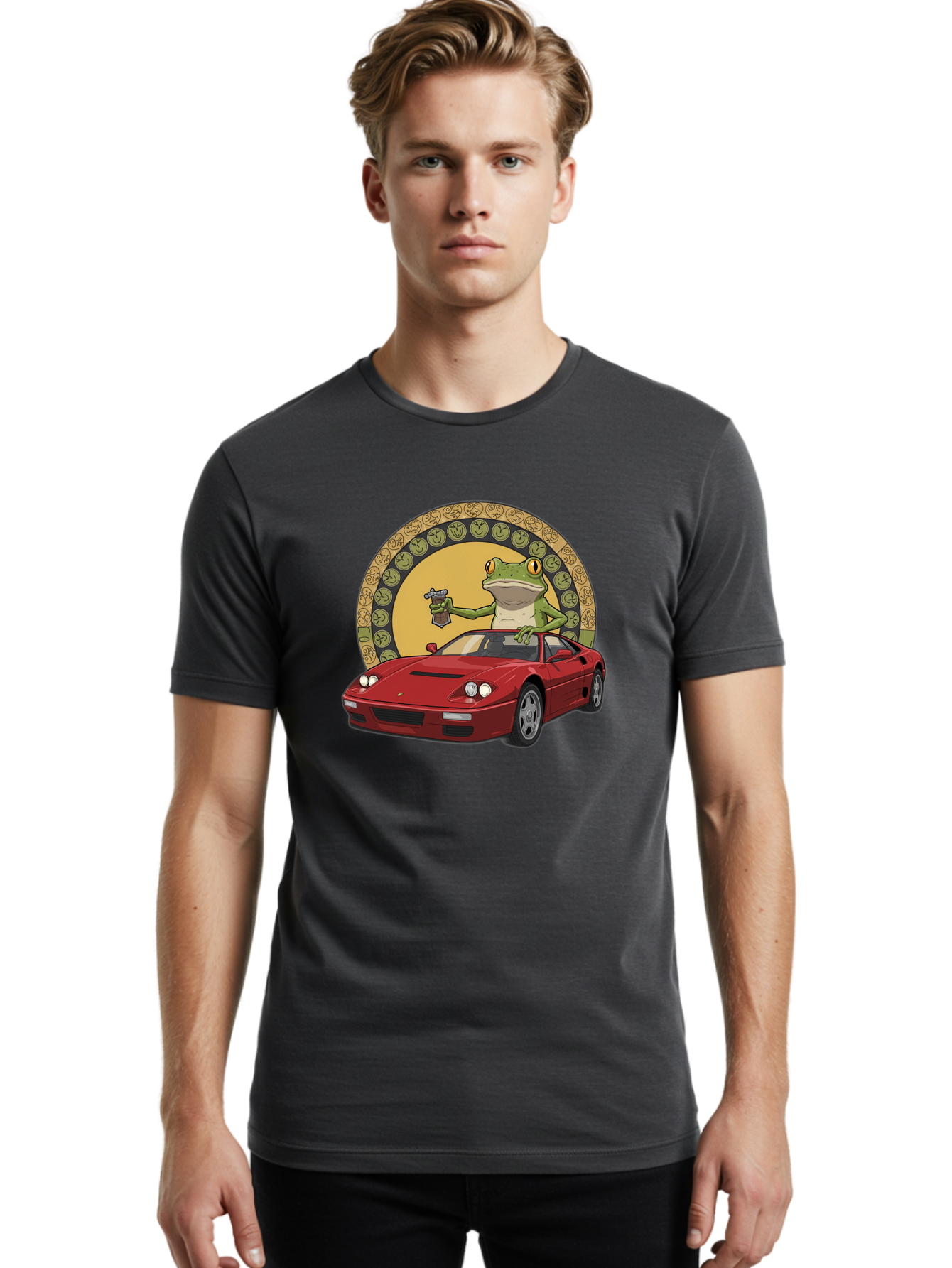 Frog-Driving-Ferrari-1 Men'S Graphic Tee, 100% Cotton, Comfortable Casual Summer Wear, Machine Washable, Vintage Camera, Old Camera, Antique Camera, Black Camera, Classic Photography, Photography Equipment, Nostalgic Device, Film Camera, Baf820
