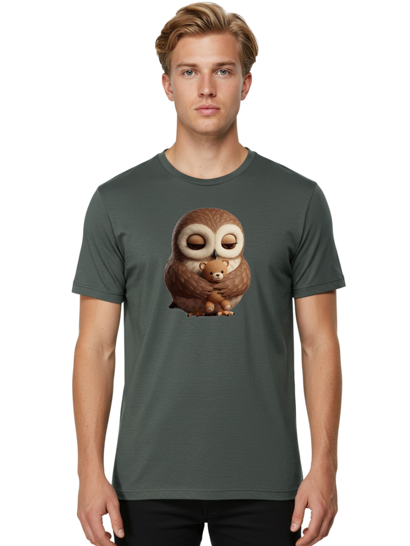 Owl-Hugging-Teddy-Bear-2 Men'S Graphic Tee, 100% Cotton, Comfortable Casual Summer Wear, Machine Washable, Vintage Camera, Old Camera, Antique Camera, Black Camera, Classic Photography, Photography Equipment, Nostalgic Device, Film Camera, Baf927