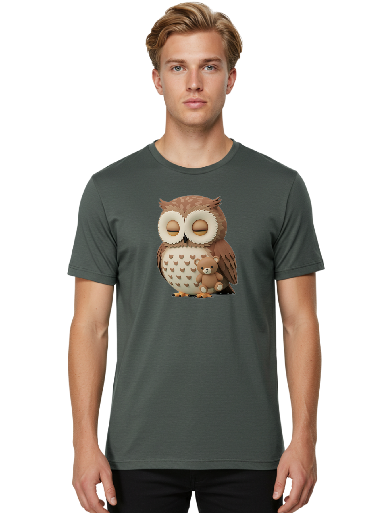 Owl-With-Teddy-1 Men'S Graphic Tee, 100% Cotton, Comfortable Casual Summer Wear, Machine Washable, Vintage Camera, Old Camera, Antique Camera, Black Camera, Classic Photography, Photography Equipment, Nostalgic Device, Film Camera, Camera Art Baf936