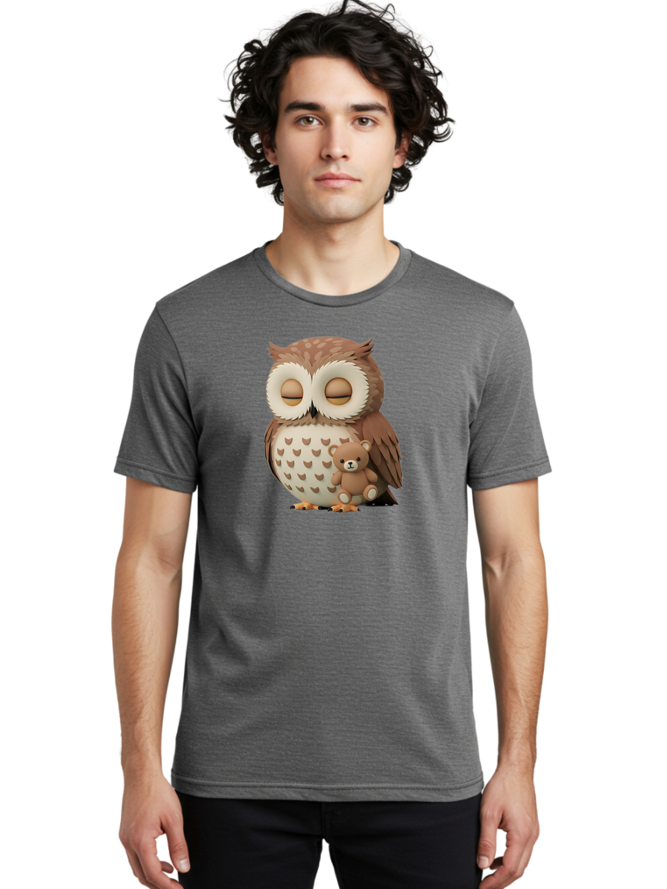 Owl-With-Teddy-1 Men'S Graphic Tee, 100% Cotton, Comfortable Casual Summer Wear, Machine Washable, Vintage Camera, Old Camera, Antique Camera, Black Camera, Classic Photography, Photography Equipment, Nostalgic Device, Film Camera, Camera Art Baf936