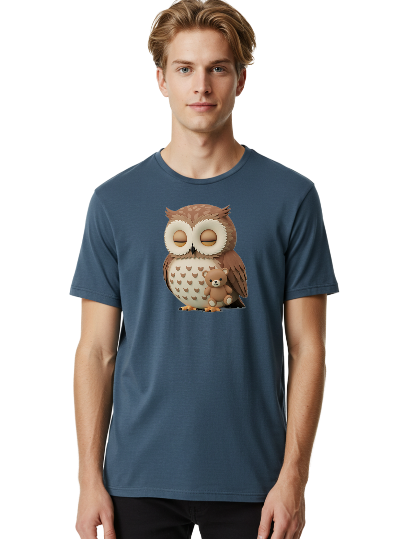 Owl-With-Teddy-1 Men'S Graphic Tee, 100% Cotton, Comfortable Casual Summer Wear, Machine Washable, Vintage Camera, Old Camera, Antique Camera, Black Camera, Classic Photography, Photography Equipment, Nostalgic Device, Film Camera, Camera Art Baf936