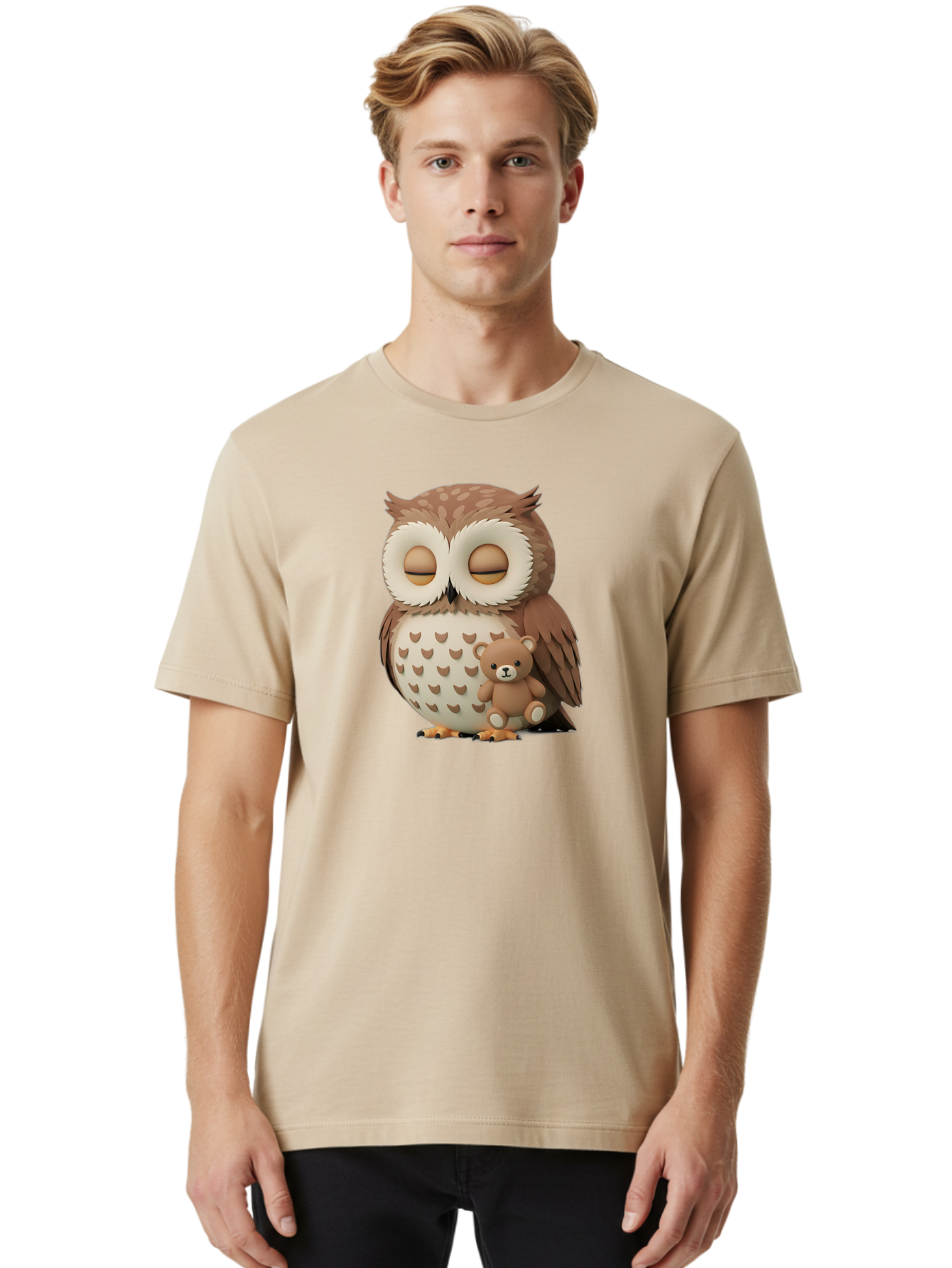 Owl-With-Teddy-1 Men'S Graphic Tee, 100% Cotton, Comfortable Casual Summer Wear, Machine Washable, Vintage Camera, Old Camera, Antique Camera, Black Camera, Classic Photography, Photography Equipment, Nostalgic Device, Film Camera, Camera Art Baf936