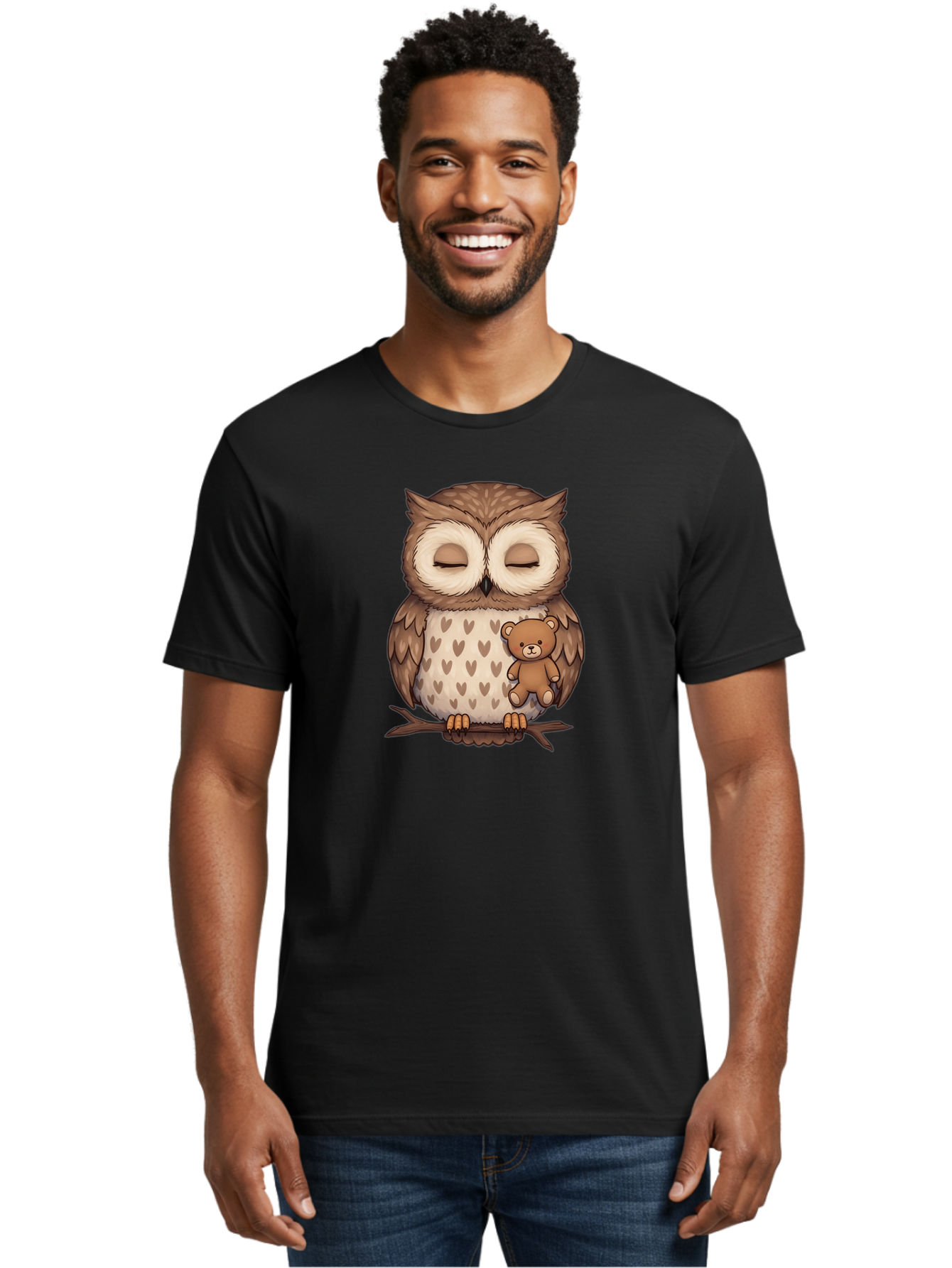 Owl-With-Teddy-2 Men'S Graphic Tee, 100% Cotton, Comfortable Casual Summer Wear, Machine Washable, Vintage Camera, Old Camera, Antique Camera, Black Camera, Classic Photography, Photography Equipment, Nostalgic Device, Film Camera, Camera Art Baf937
