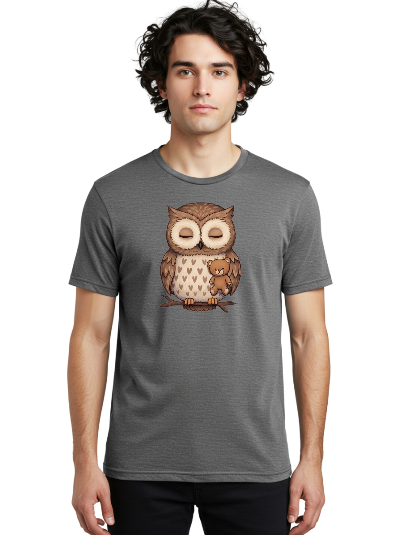 Owl-With-Teddy-2 Men'S Graphic Tee, 100% Cotton, Comfortable Casual Summer Wear, Machine Washable, Vintage Camera, Old Camera, Antique Camera, Black Camera, Classic Photography, Photography Equipment, Nostalgic Device, Film Camera, Camera Art Baf937