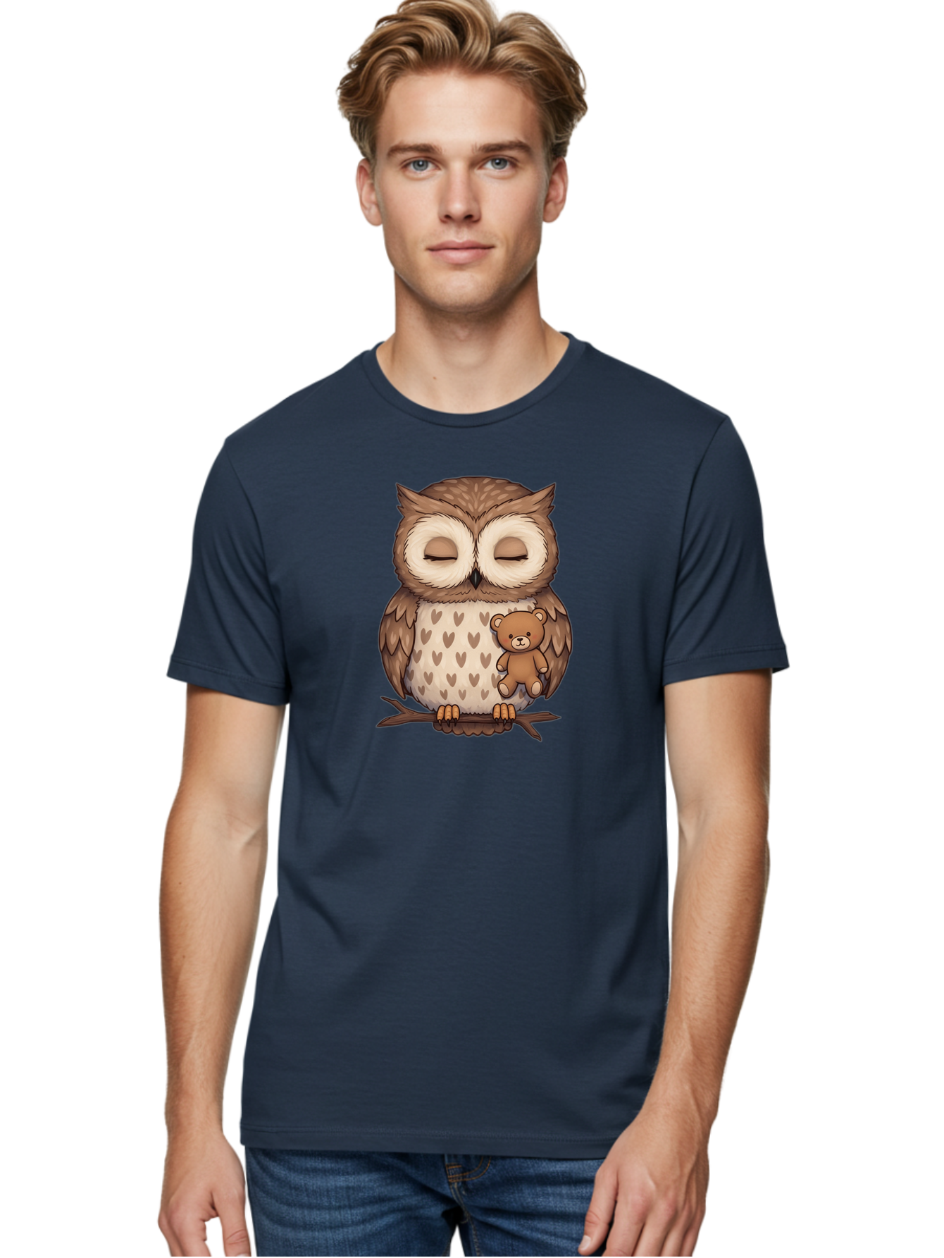 Owl-With-Teddy-2 Men'S Graphic Tee, 100% Cotton, Comfortable Casual Summer Wear, Machine Washable, Vintage Camera, Old Camera, Antique Camera, Black Camera, Classic Photography, Photography Equipment, Nostalgic Device, Film Camera, Camera Art Baf937