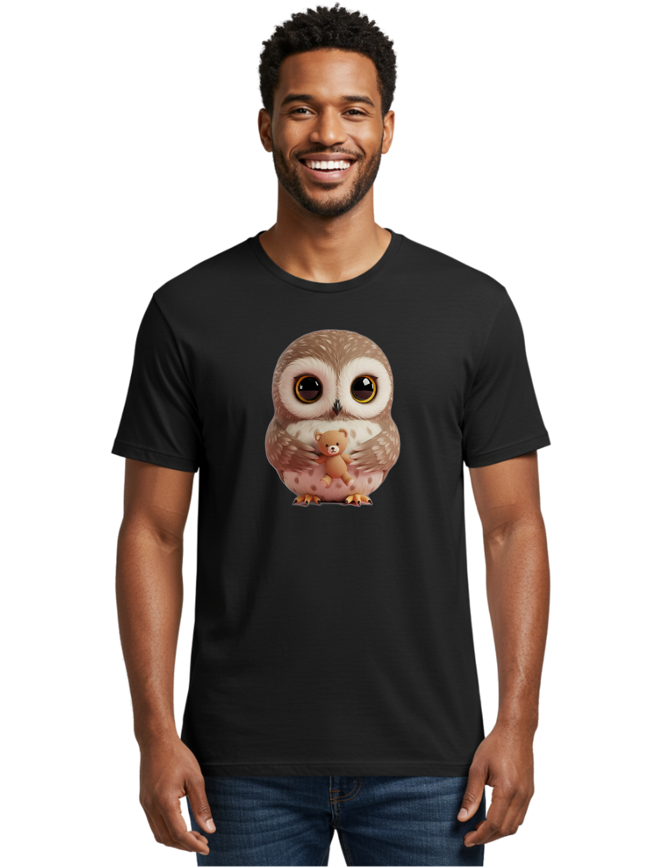 Owl-With-Teddy-3 Men'S Graphic Tee, 100% Cotton, Comfortable Casual Summer Wear, Machine Washable, Vintage Camera, Old Camera, Antique Camera, Black Camera, Classic Photography, Photography Equipment, Nostalgic Device, Film Camera, Camera Art Baf938