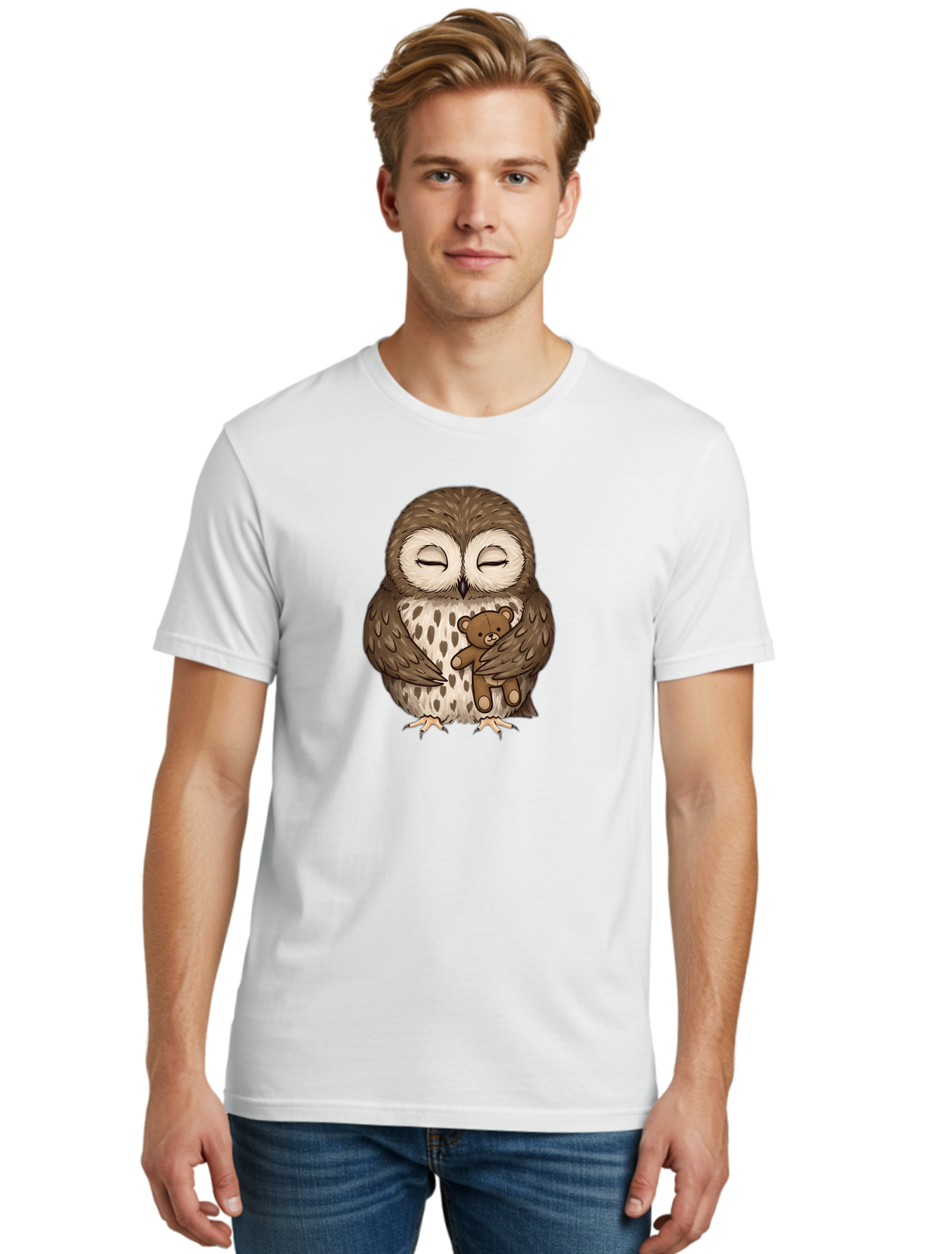 Owl-With-Teddy-4 Men'S Graphic Tee, 100% Cotton, Comfortable Casual Summer Wear, Machine Washable, Vintage Camera, Old Camera, Antique Camera, Black Camera, Classic Photography, Photography Equipment, Nostalgic Device, Film Camera, Camera Art Baf939
