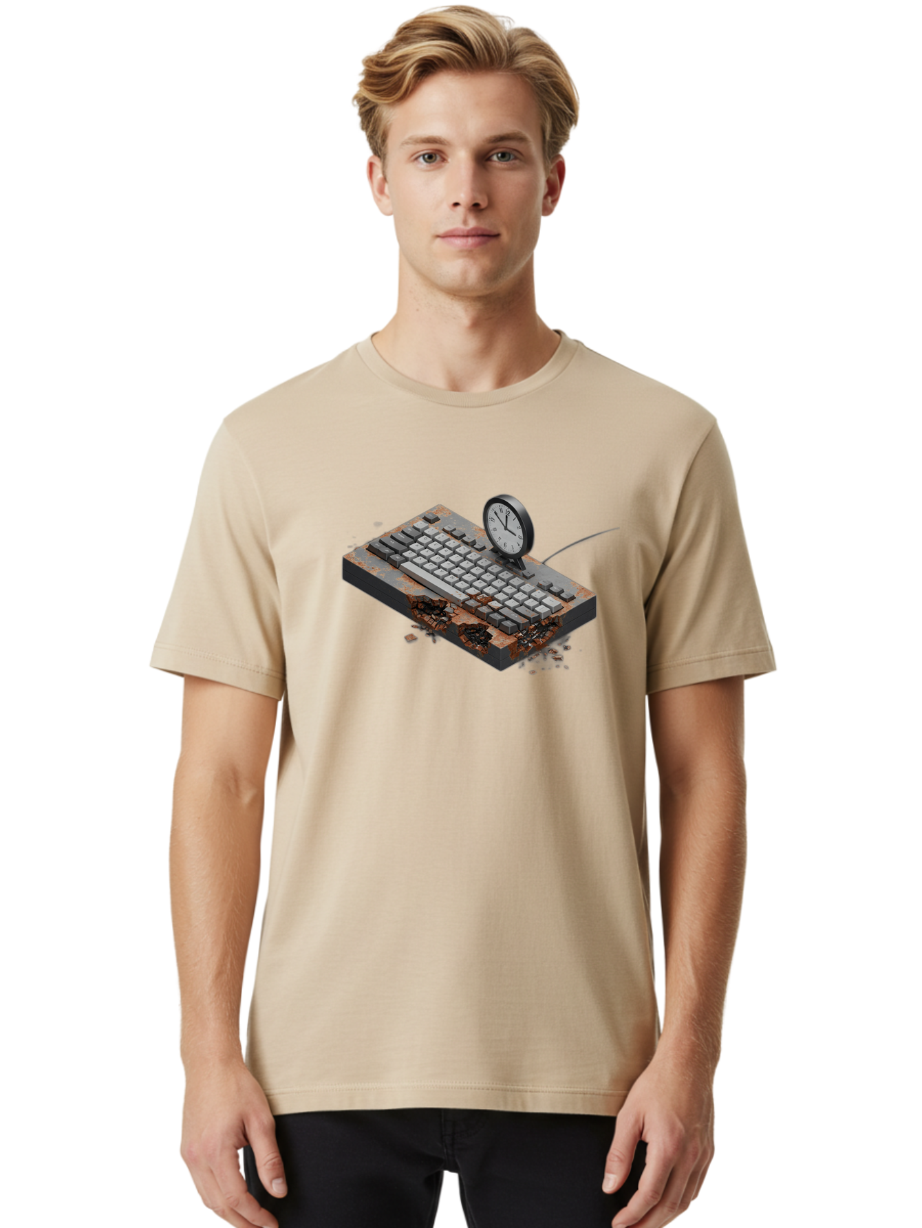 Rusty-Keyboard-And-Clock Men'S Graphic Tee, 100% Cotton, Comfortable Casual Summer Wear, Machine Washable, Vintage Camera, Old Camera, Antique Camera, Black Camera, Classic Photography, Photography Equipment, Nostalgic Device, Film Camera, Bag003