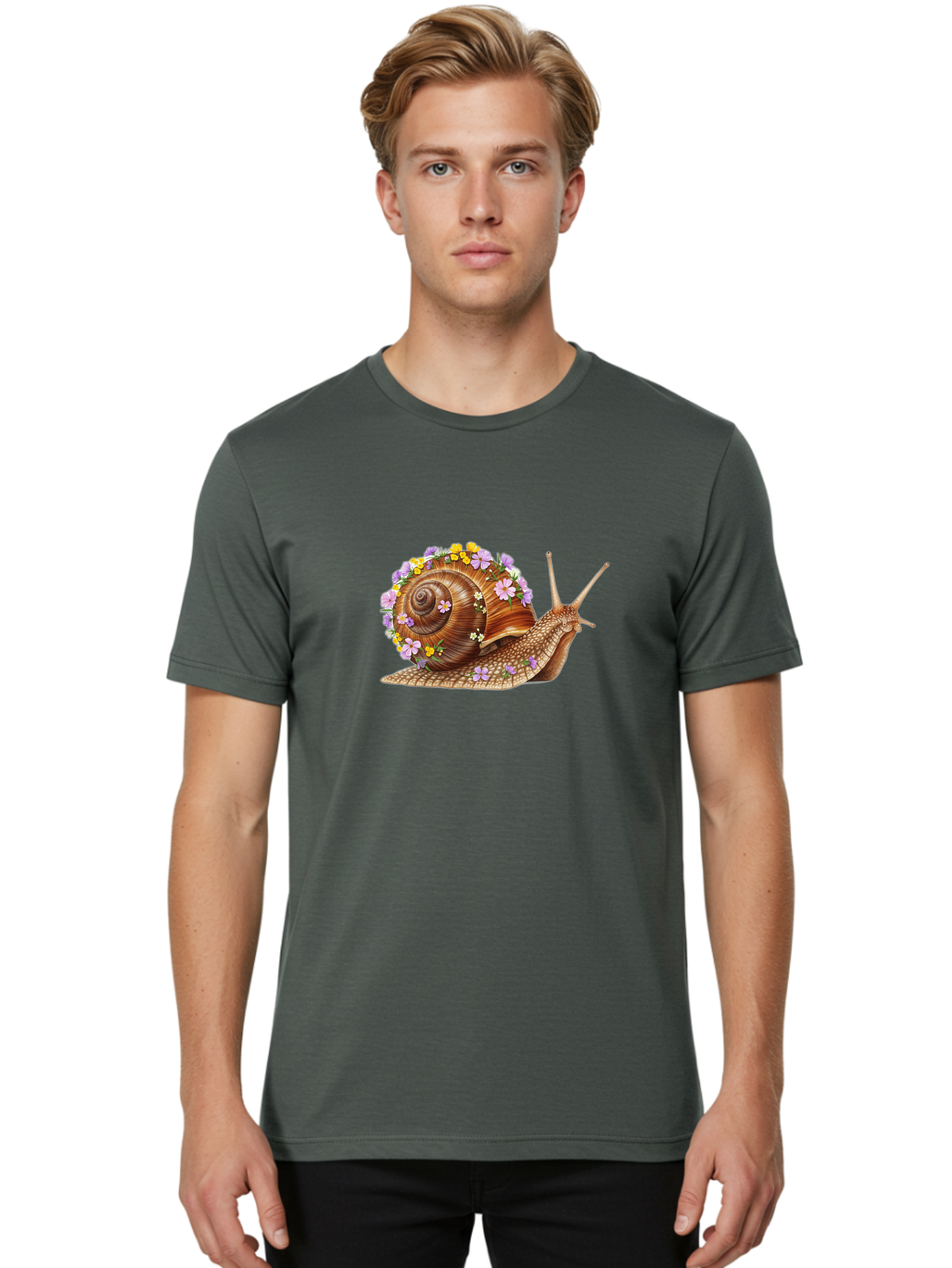 Snail-With-Flowers-2 Men'S Graphic Tee, 100% Cotton, Comfortable Casual Summer Wear, Machine Washable, Vintage Camera, Old Camera, Antique Camera, Black Camera, Classic Photography, Photography Equipment, Nostalgic Device, Film Camera, Bag021