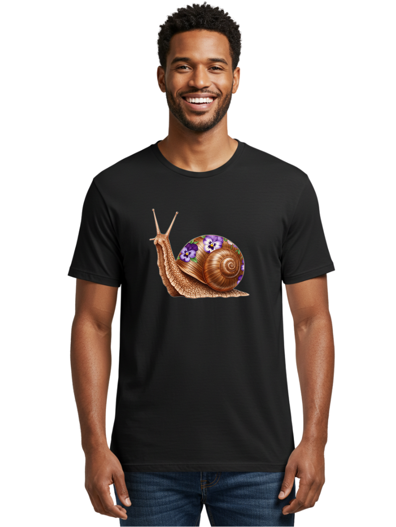 Snail-With-Purple-Flowers-1 Men'S Graphic Tee, 100% Cotton, Comfortable Casual Summer Wear, Machine Washable, Vintage Camera, Old Camera, Antique Camera, Black Camera, Classic Photography, Photography Equipment, Nostalgic Device, Film Camera, Bag025