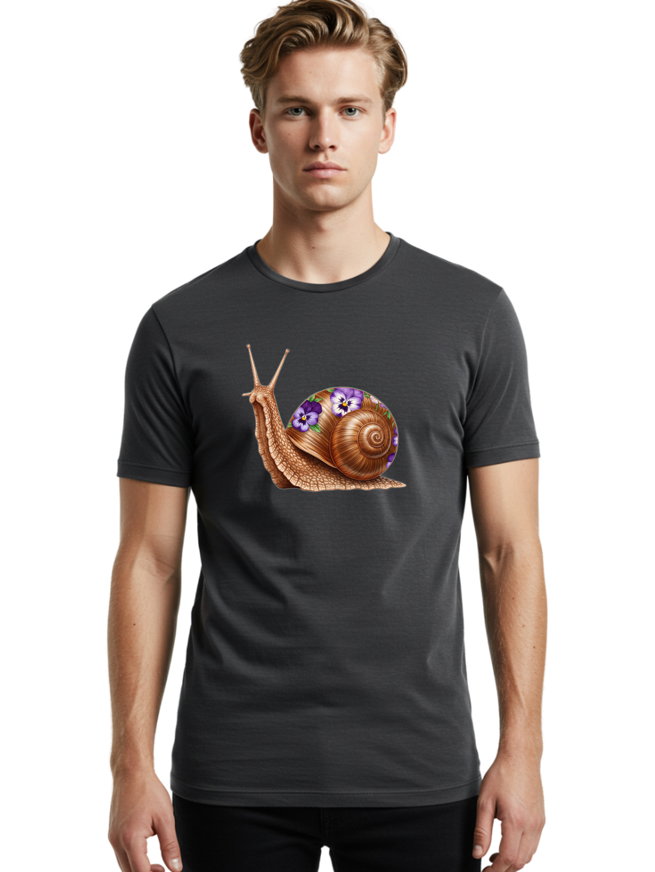 Snail-With-Purple-Flowers-1 Men'S Graphic Tee, 100% Cotton, Comfortable Casual Summer Wear, Machine Washable, Vintage Camera, Old Camera, Antique Camera, Black Camera, Classic Photography, Photography Equipment, Nostalgic Device, Film Camera, Bag025