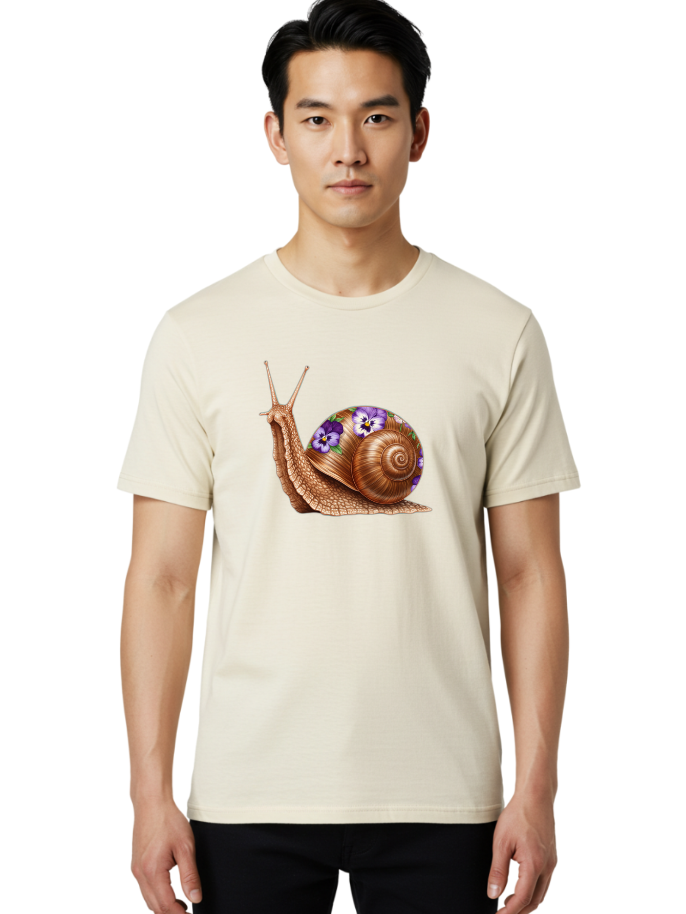 Snail-With-Purple-Flowers-1 Men'S Graphic Tee, 100% Cotton, Comfortable Casual Summer Wear, Machine Washable, Vintage Camera, Old Camera, Antique Camera, Black Camera, Classic Photography, Photography Equipment, Nostalgic Device, Film Camera, Bag025
