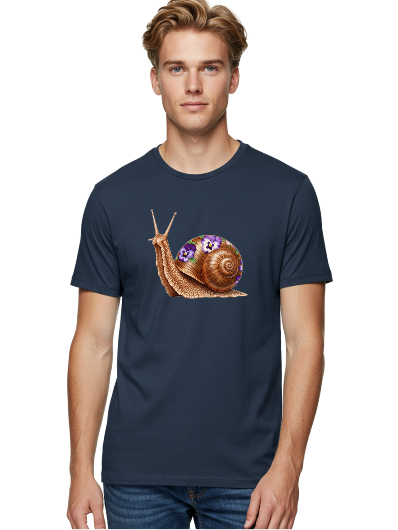 Snail-With-Purple-Flowers-1 Men'S Graphic Tee, 100% Cotton, Comfortable Casual Summer Wear, Machine Washable, Vintage Camera, Old Camera, Antique Camera, Black Camera, Classic Photography, Photography Equipment, Nostalgic Device, Film Camera, Bag025