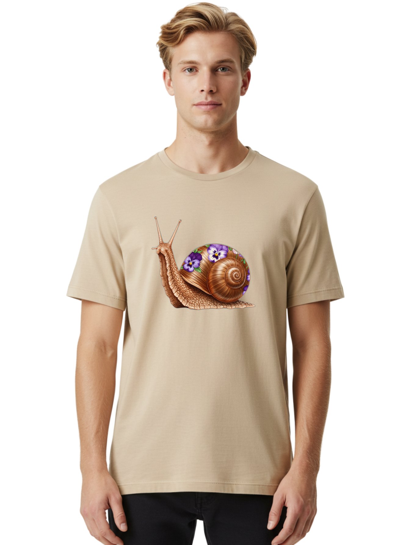 Snail-With-Purple-Flowers-1 Men'S Graphic Tee, 100% Cotton, Comfortable Casual Summer Wear, Machine Washable, Vintage Camera, Old Camera, Antique Camera, Black Camera, Classic Photography, Photography Equipment, Nostalgic Device, Film Camera, Bag025