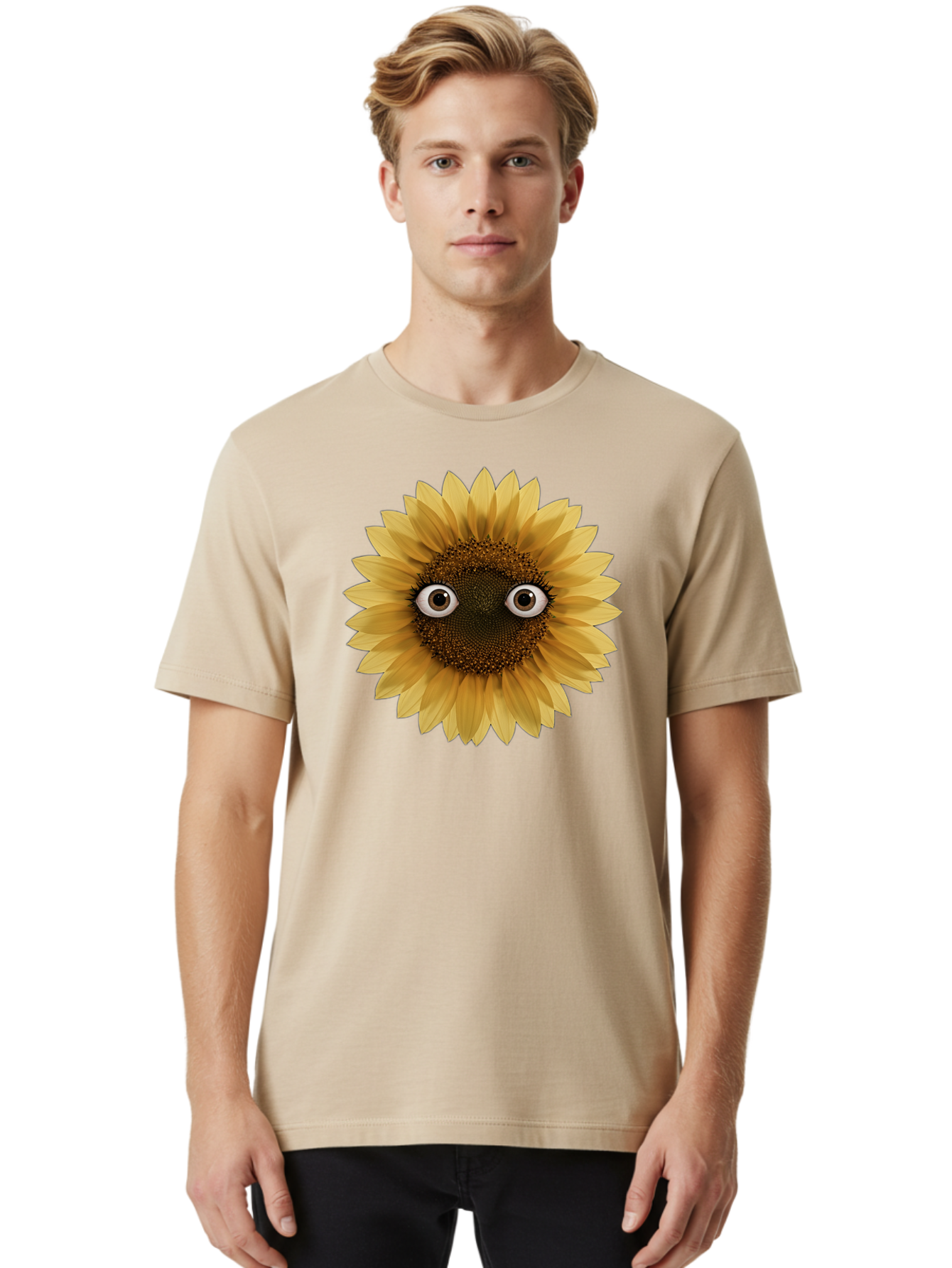 Sunflower-With-Eyes-1 Men'S Graphic Tee, 100% Cotton, Comfortable Casual Summer Wear, Machine Washable, Vintage Camera, Old Camera, Antique Camera, Black Camera, Classic Photography, Photography Equipment, Nostalgic Device, Film Camera, Bag041