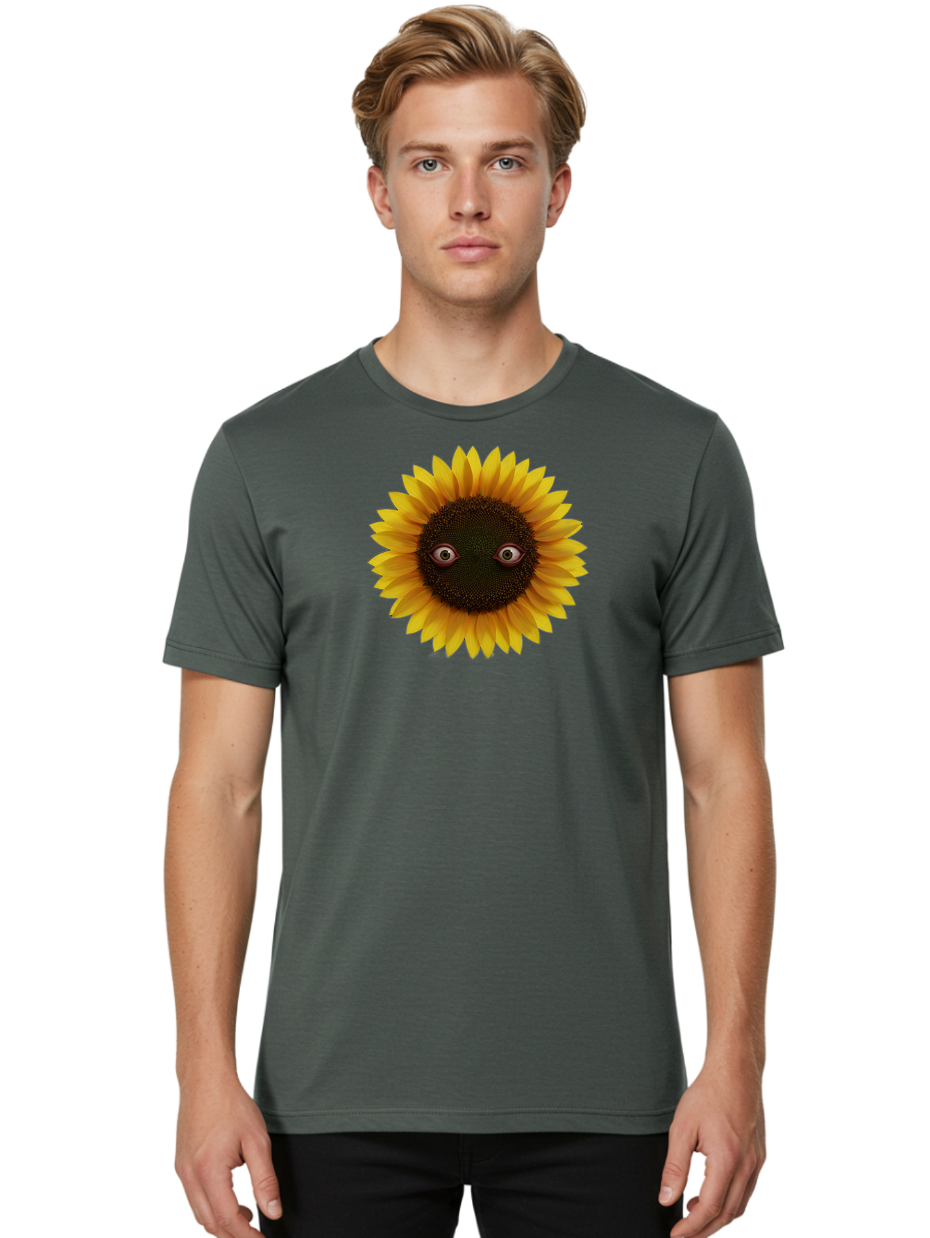 Sunflower-With-Eyes-2 Men'S Graphic Tee, 100% Cotton, Comfortable Casual Summer Wear, Machine Washable, Vintage Camera, Old Camera, Antique Camera, Black Camera, Classic Photography, Photography Equipment, Nostalgic Device, Film Camera, Bag042