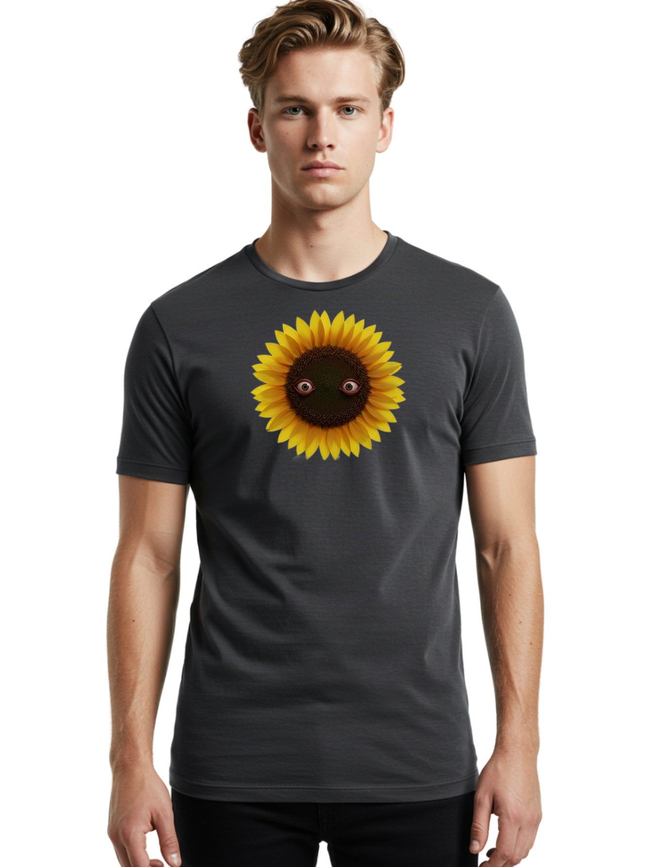 Sunflower-With-Eyes-2 Men'S Graphic Tee, 100% Cotton, Comfortable Casual Summer Wear, Machine Washable, Vintage Camera, Old Camera, Antique Camera, Black Camera, Classic Photography, Photography Equipment, Nostalgic Device, Film Camera, Bag042