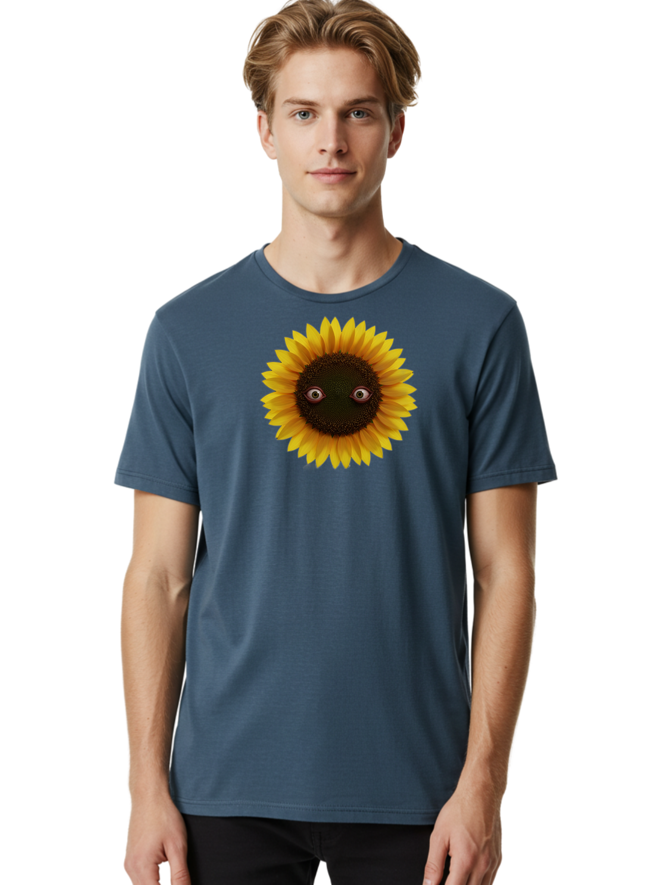 Sunflower-With-Eyes-2 Men'S Graphic Tee, 100% Cotton, Comfortable Casual Summer Wear, Machine Washable, Vintage Camera, Old Camera, Antique Camera, Black Camera, Classic Photography, Photography Equipment, Nostalgic Device, Film Camera, Bag042