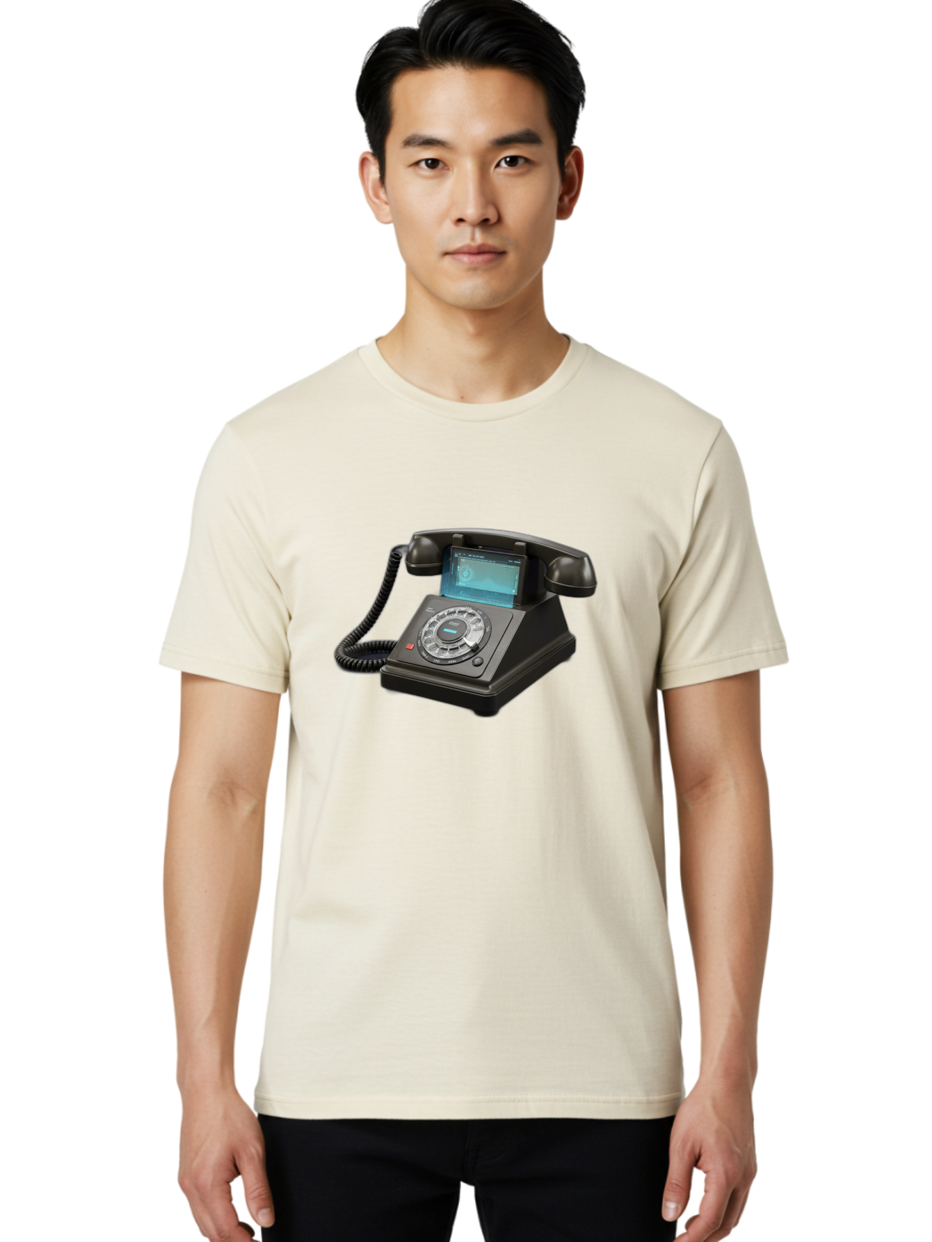 Black-Rotary-Phone-With-Lcd-Screen Men'S Graphic Tee, 100% Cotton, Comfortable Casual Summer Wear, Machine Washable, Vintage Camera, Old Camera, Antique Camera, Black Camera, Classic Photography, Photography Equipment, Nostalgic Device, Bag182