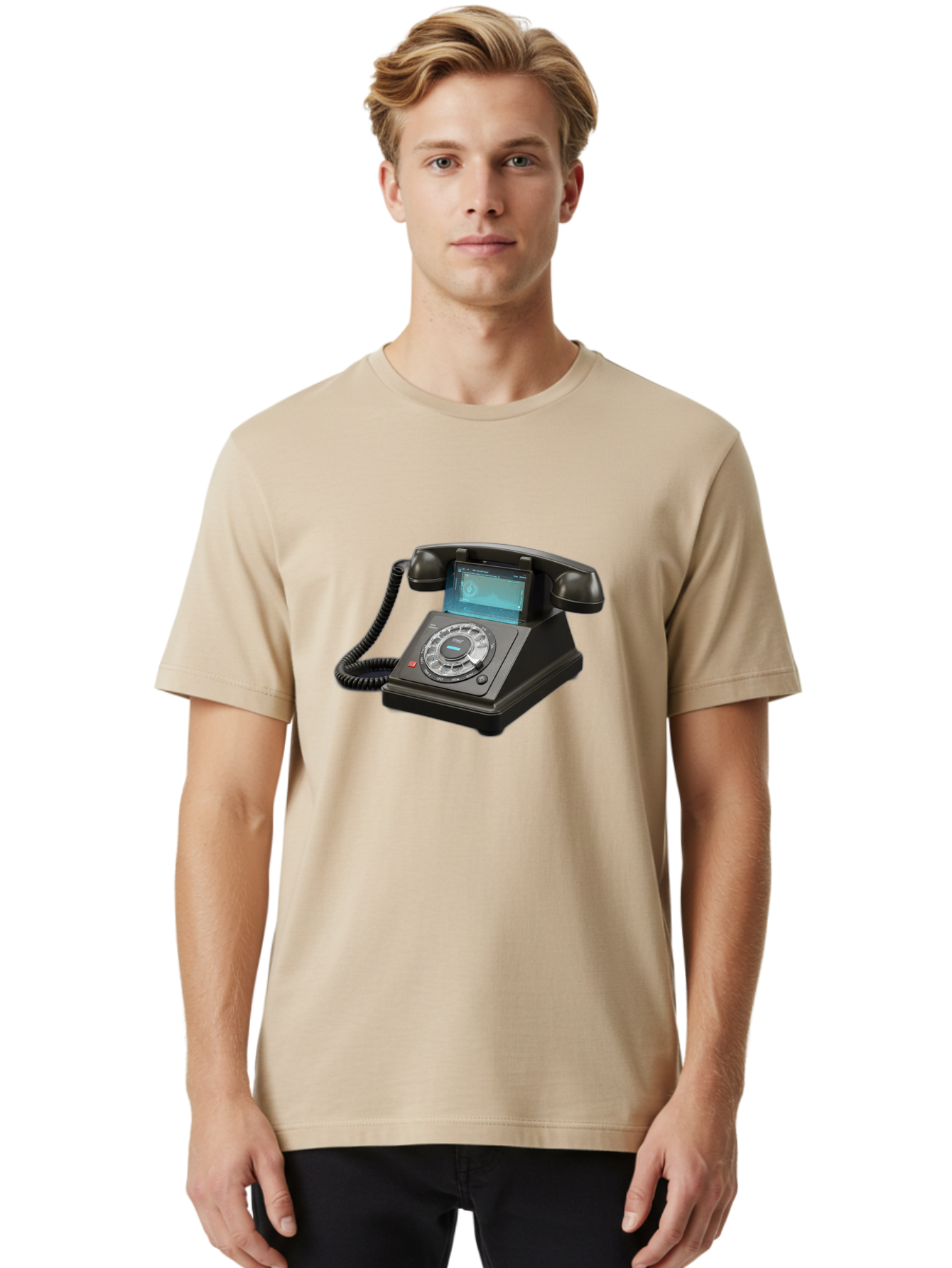 Black-Rotary-Phone-With-Lcd-Screen Men'S Graphic Tee, 100% Cotton, Comfortable Casual Summer Wear, Machine Washable, Vintage Camera, Old Camera, Antique Camera, Black Camera, Classic Photography, Photography Equipment, Nostalgic Device, Bag182