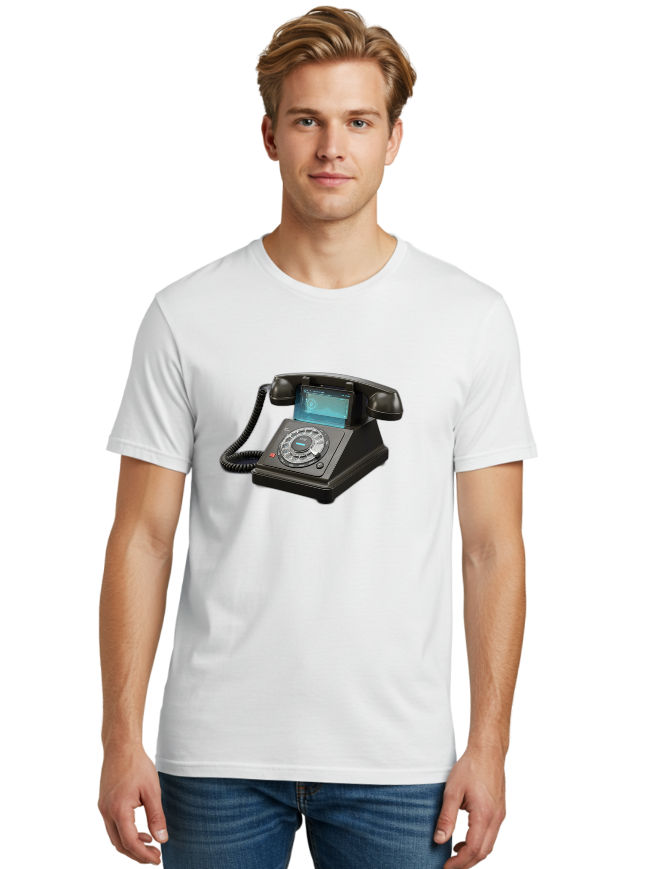 Black-Rotary-Phone-With-Lcd-Screen Men'S Graphic Tee, 100% Cotton, Comfortable Casual Summer Wear, Machine Washable, Vintage Camera, Old Camera, Antique Camera, Black Camera, Classic Photography, Photography Equipment, Nostalgic Device, Bag182