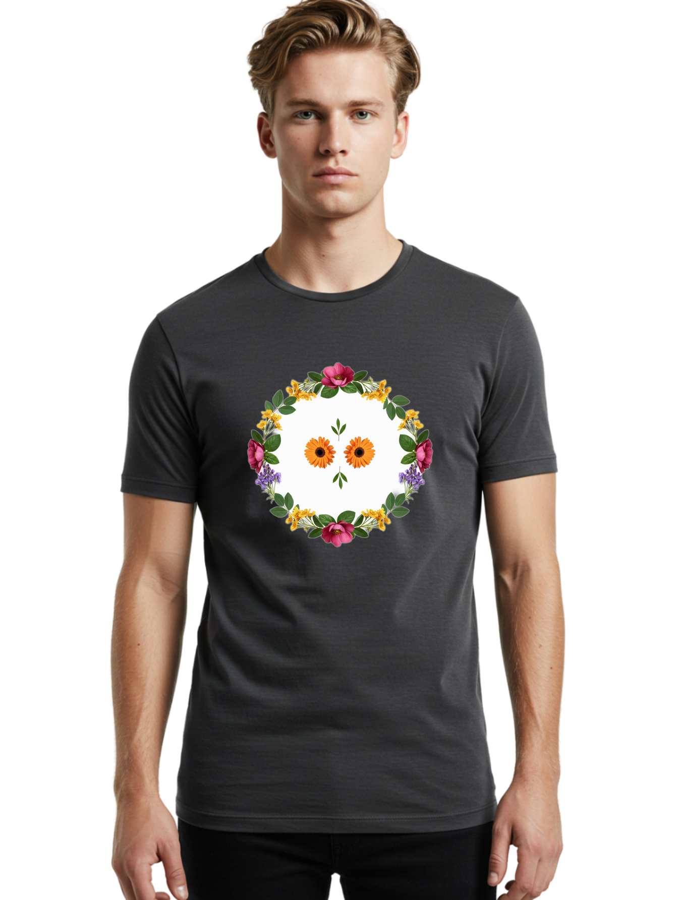 Floral-Wreath Men'S Graphic Tee, 100% Cotton, Comfortable Casual Summer Wear, Machine Washable, Vintage Camera, Old Camera, Antique Camera, Black Camera, Classic Photography, Photography Equipment, Nostalgic Device, Film Camera, Camera Art Bag468
