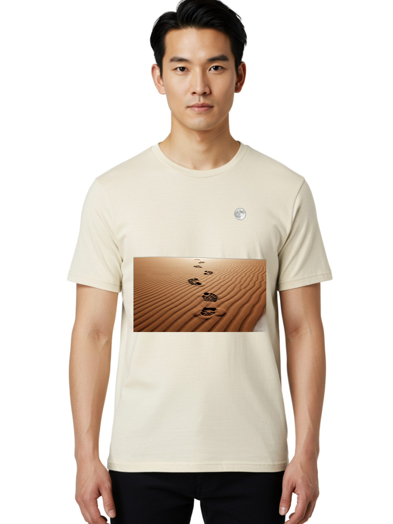 Footprints-In-Sand-Under-Moon Men'S Graphic Tee, 100% Cotton, Comfortable Casual Summer Wear, Machine Washable, Vintage Camera, Old Camera, Antique Camera, Black Camera, Classic Photography, Photography Equipment, Nostalgic Device, Bag487