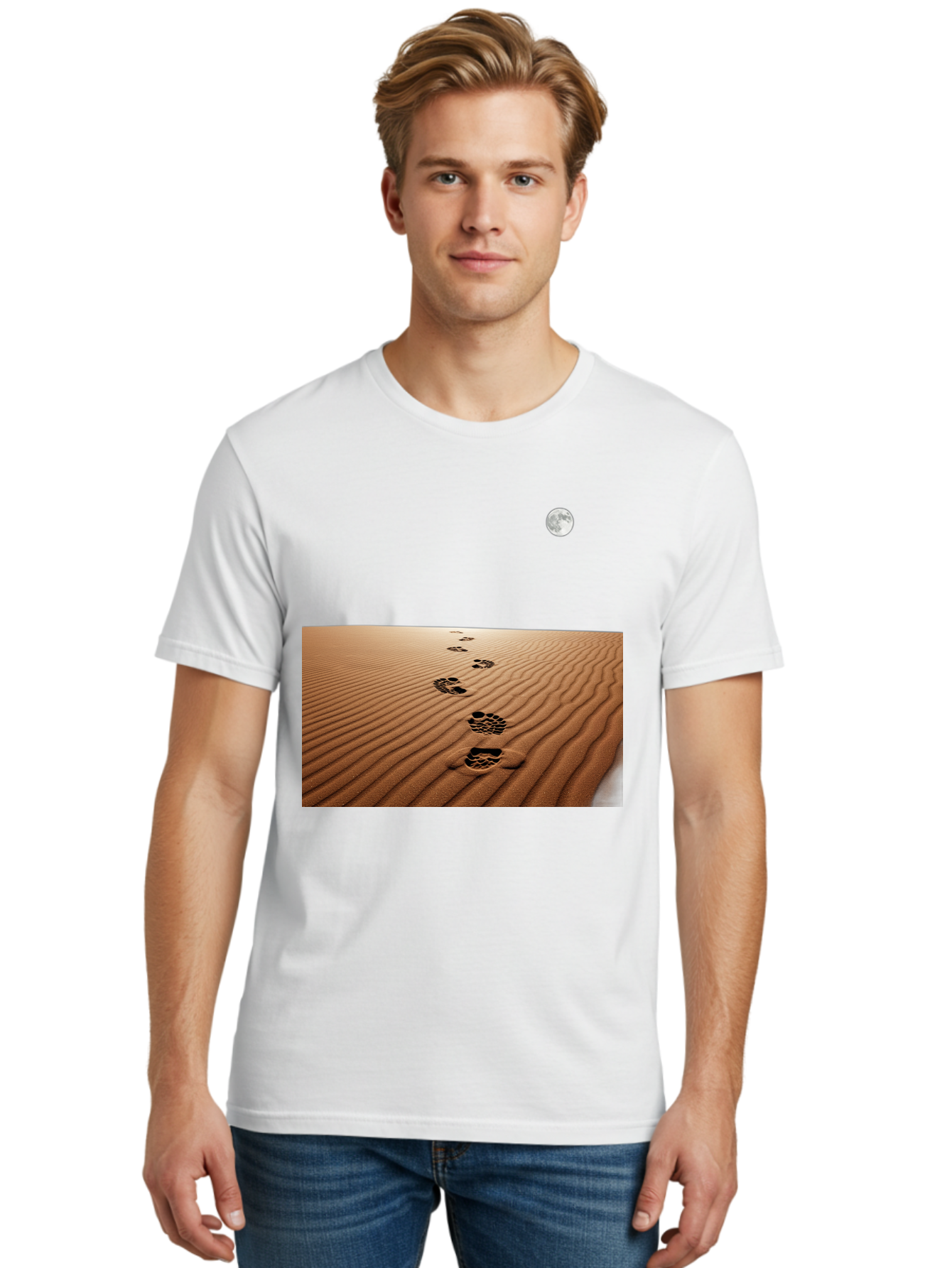 Footprints-In-Sand-Under-Moon Men'S Graphic Tee, 100% Cotton, Comfortable Casual Summer Wear, Machine Washable, Vintage Camera, Old Camera, Antique Camera, Black Camera, Classic Photography, Photography Equipment, Nostalgic Device, Bag487