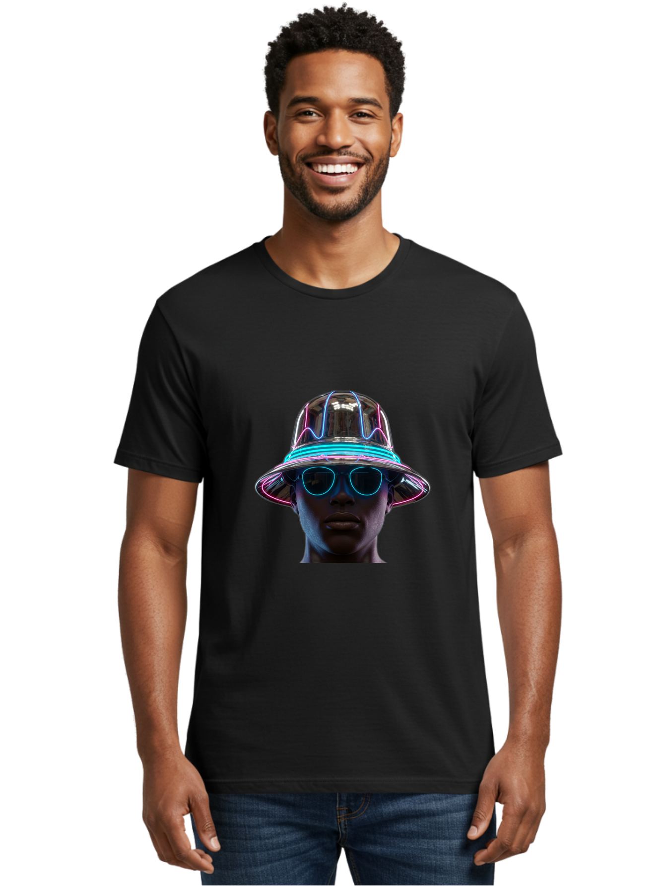 Futuristic-Hat-Portrait Men'S Graphic Tee, 100% Cotton, Comfortable Casual Summer Wear, Machine Washable, Vintage Camera, Old Camera, Antique Camera, Black Camera, Classic Photography, Photography Equipment, Nostalgic Device, Film Camera, Bag508