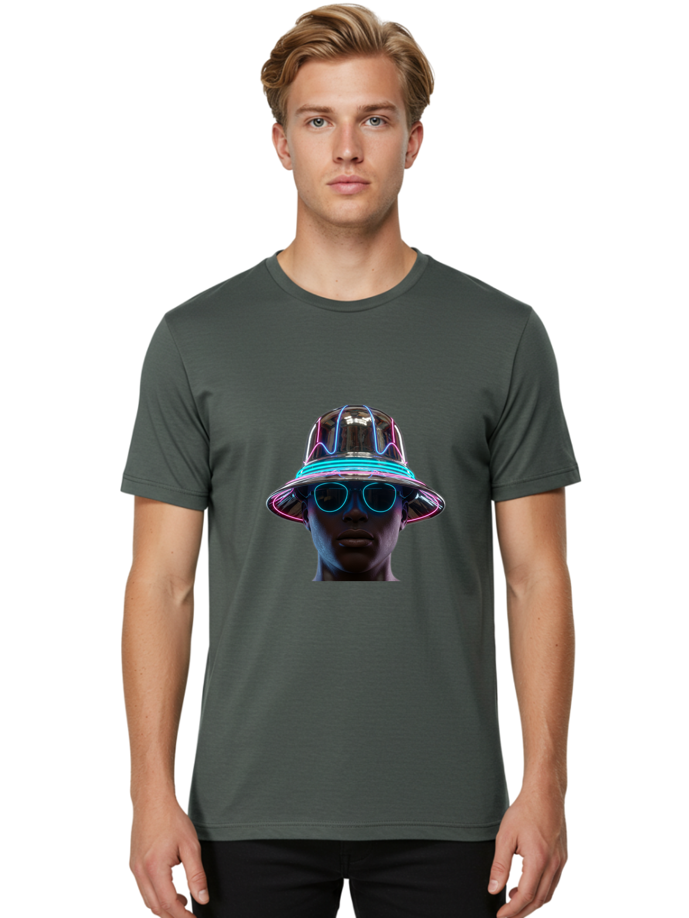 Futuristic-Hat-Portrait Men'S Graphic Tee, 100% Cotton, Comfortable Casual Summer Wear, Machine Washable, Vintage Camera, Old Camera, Antique Camera, Black Camera, Classic Photography, Photography Equipment, Nostalgic Device, Film Camera, Bag508