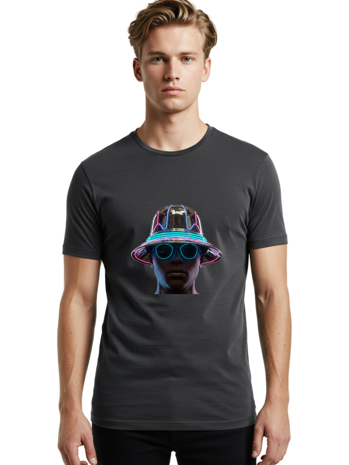 Futuristic-Hat-Portrait Men'S Graphic Tee, 100% Cotton, Comfortable Casual Summer Wear, Machine Washable, Vintage Camera, Old Camera, Antique Camera, Black Camera, Classic Photography, Photography Equipment, Nostalgic Device, Film Camera, Bag508